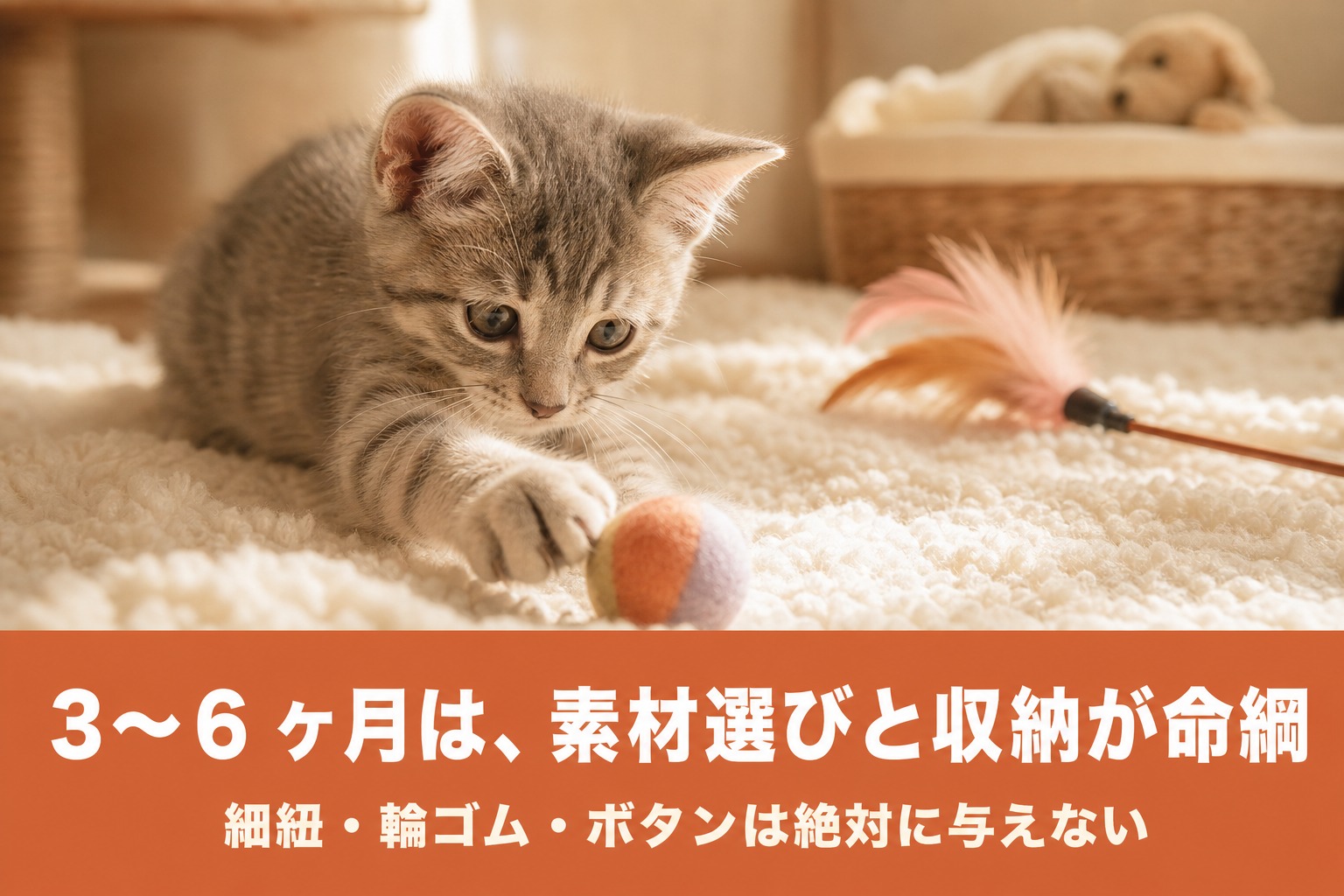 フェルトボールで遊ぶ子猫。3〜6ヶ月は素材選びと収納が命綱、細紐・輪ゴム・ボタンは与えない