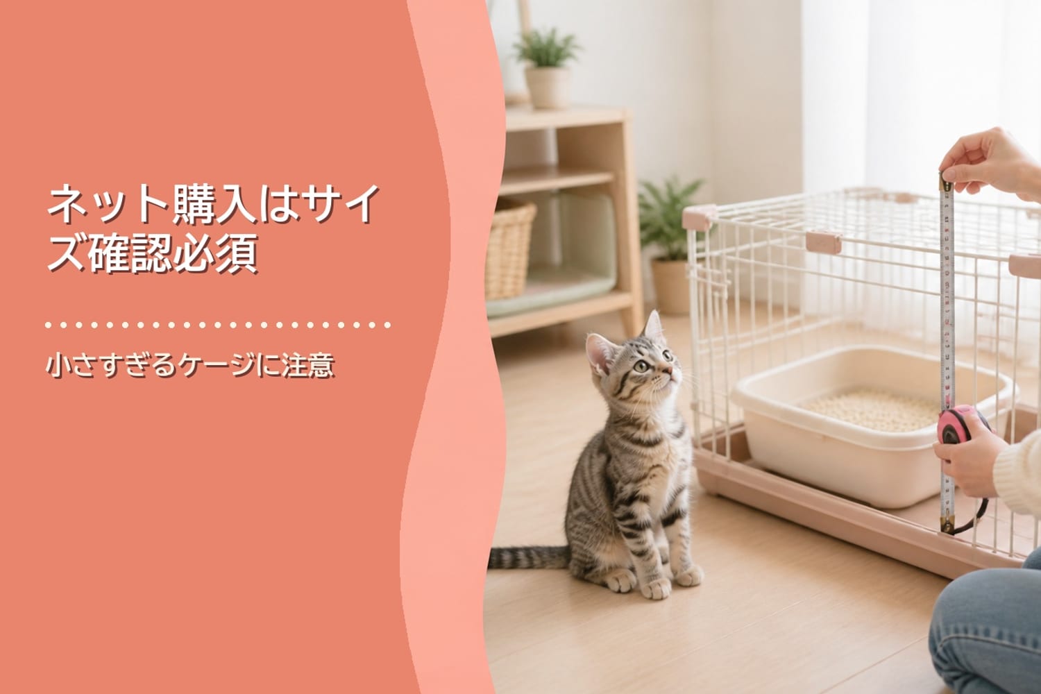 サイズの合わないケージとトイレを前に困る飼い主のイメージ