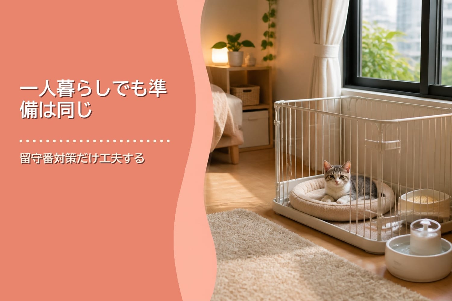 一人暮らしのワンルームに置かれたコンパクトなケージと自動給水器