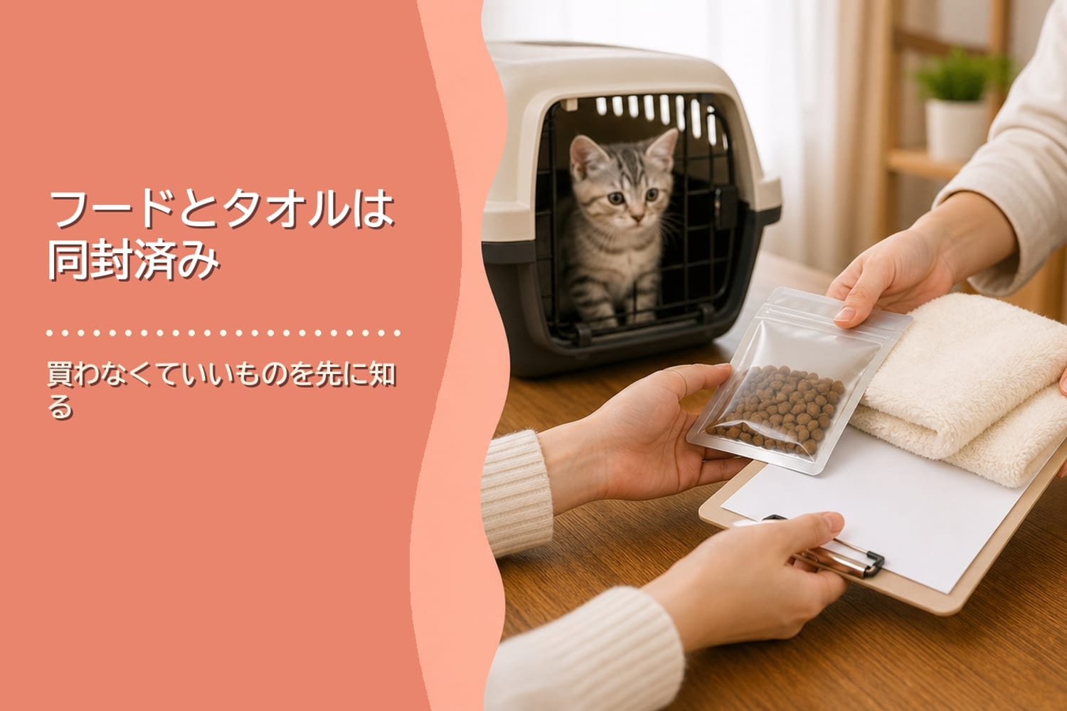 フードサンプルと匂いのついたタオルを引き渡しシートとともに手渡すブリーダー