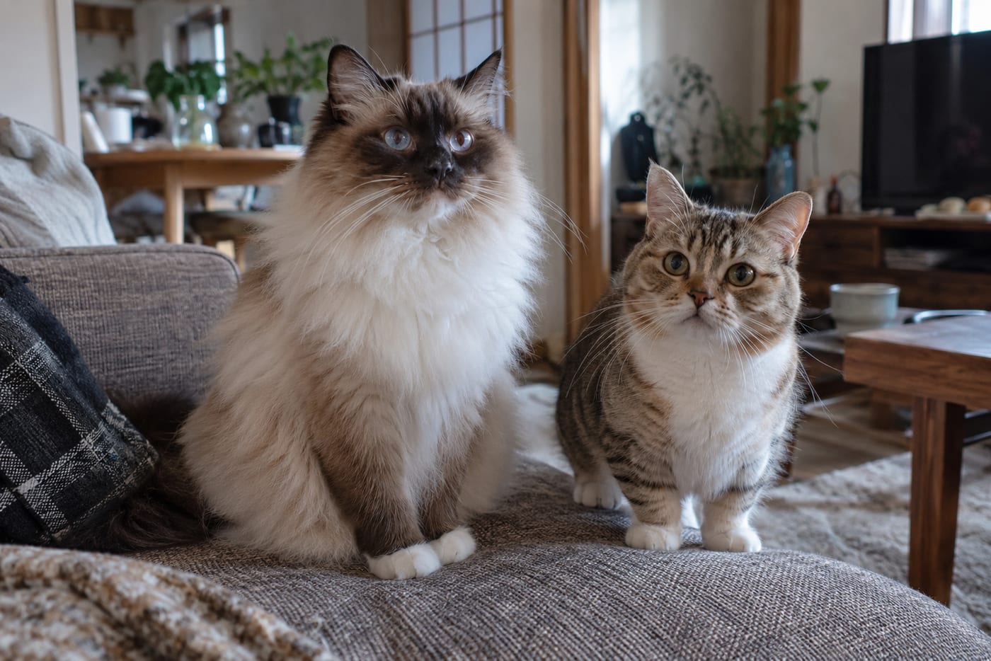 リビングのソファに並んで座る、成猫のラグドールと、それより小柄なマンチカン