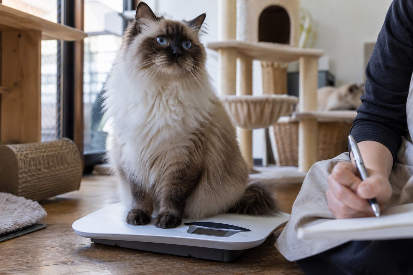 体重計の上でくつろぐポイントカラーの成猫のラグドールと、そばで記録をつけるスタッフの手元