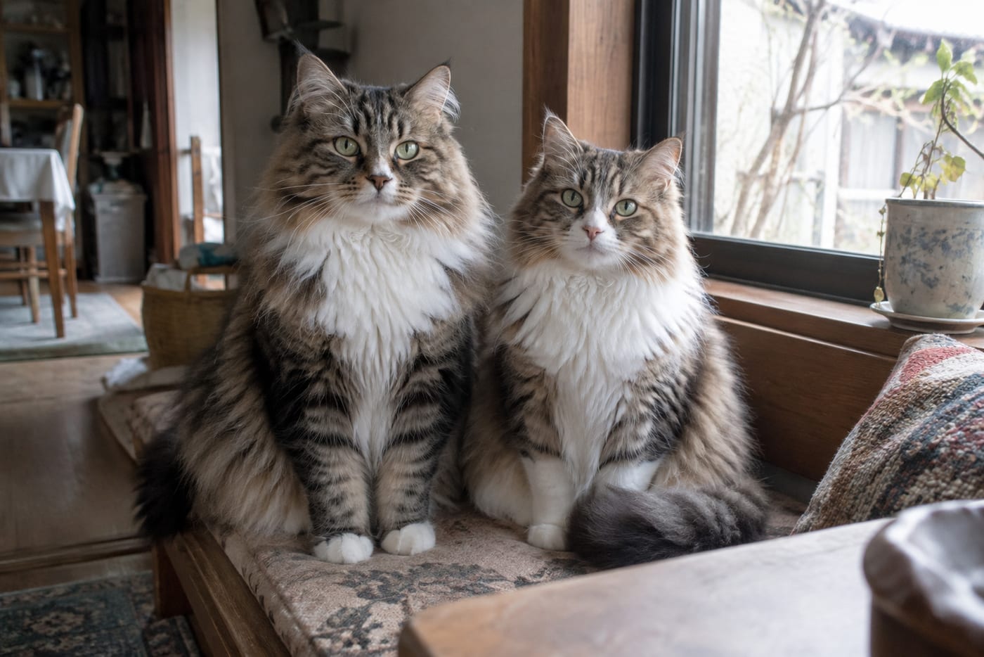 窓辺に並んで座る、少し体の大きいオスと小さめのメスのサイベリアンの成猫