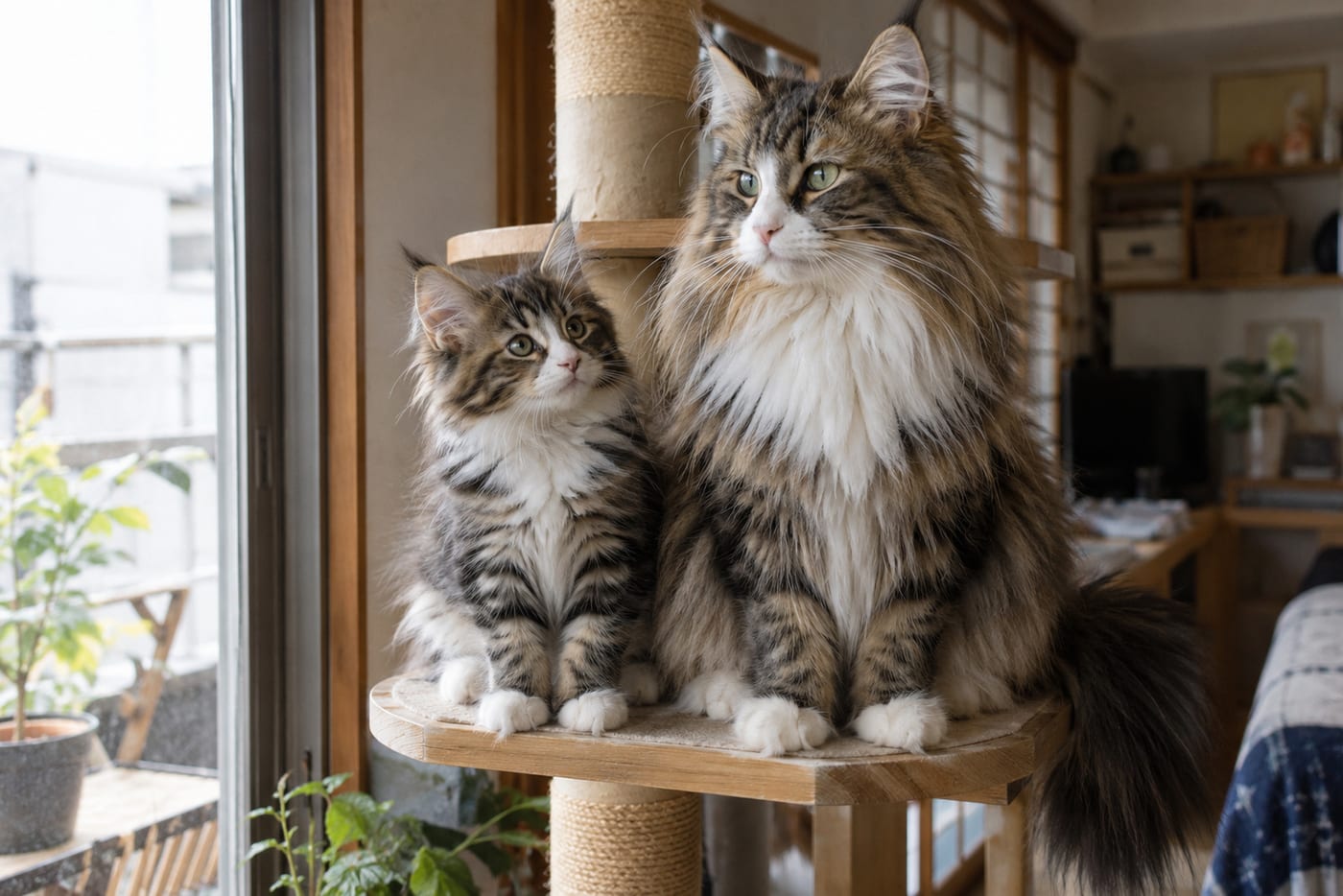 木の台の上に並んで座る、ノルウェージャンフォレストキャットの子猫と成猫