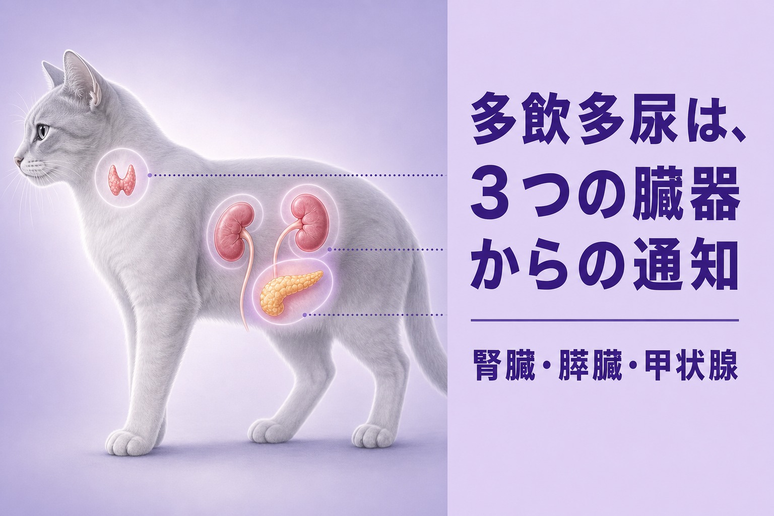 多飲多尿は腎臓・膵臓・甲状腺の3つの臓器からの通知であることを示した猫の解剖イラスト