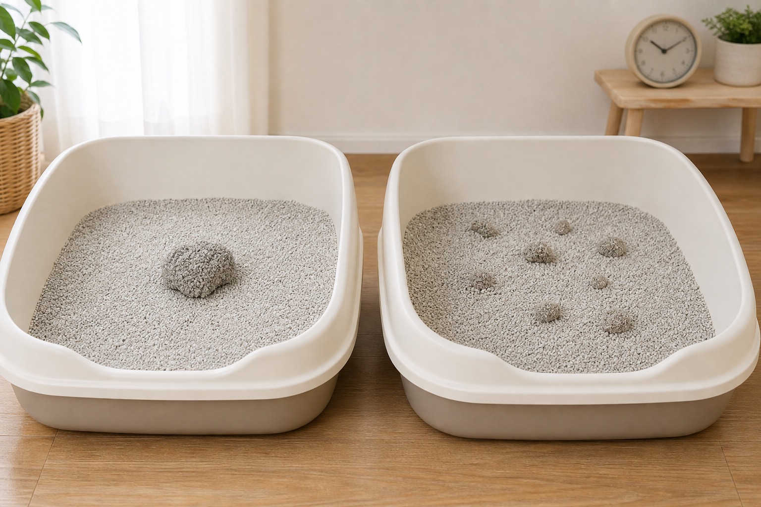 薄く広がった尿の塊と小さな尿の塊が複数あるトイレ砂の比較。多尿と頻尿の見分け方