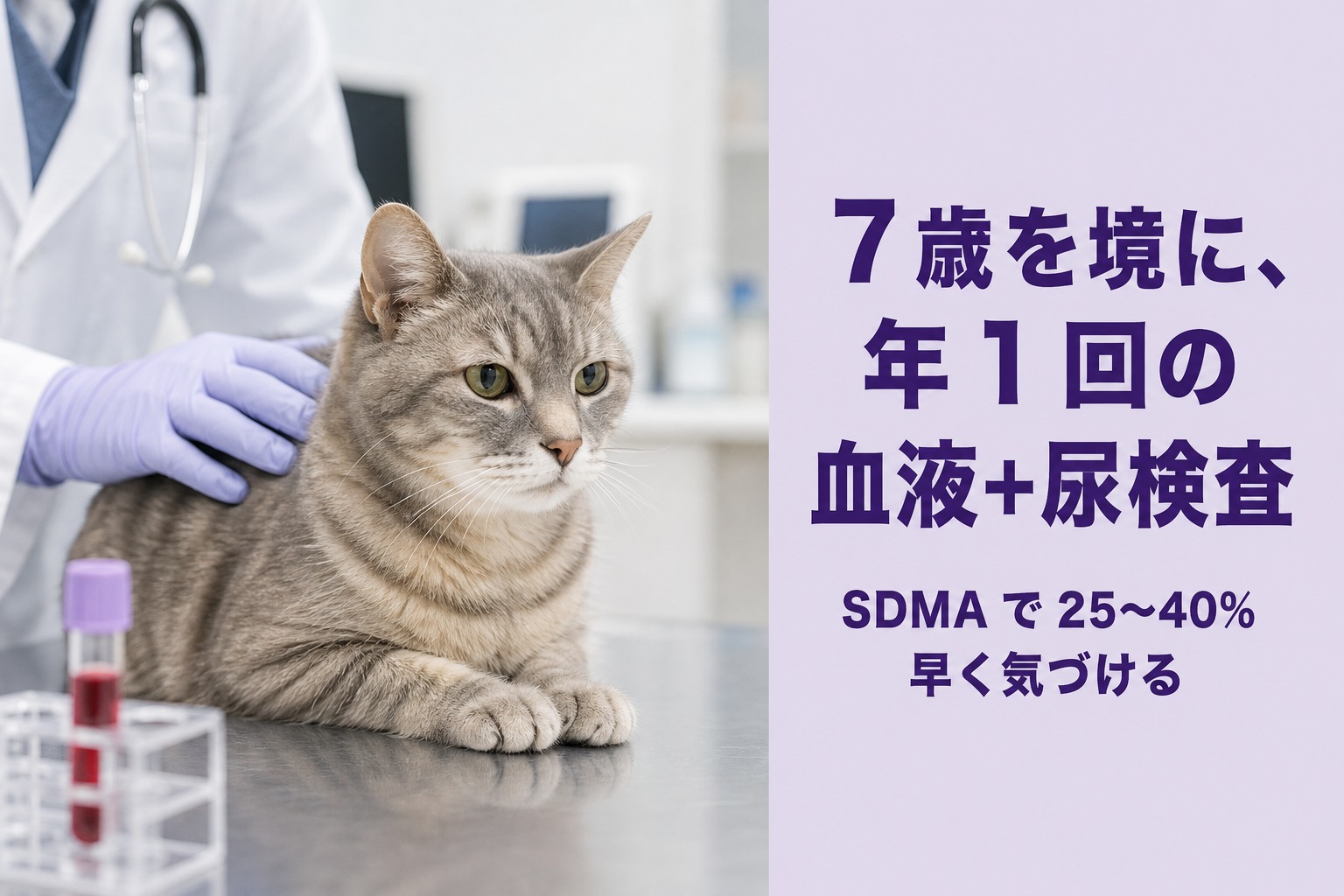動物病院で診察を受ける猫。7歳を境に年1回の血液+尿検査でSDMAにより25〜40%早く気づける