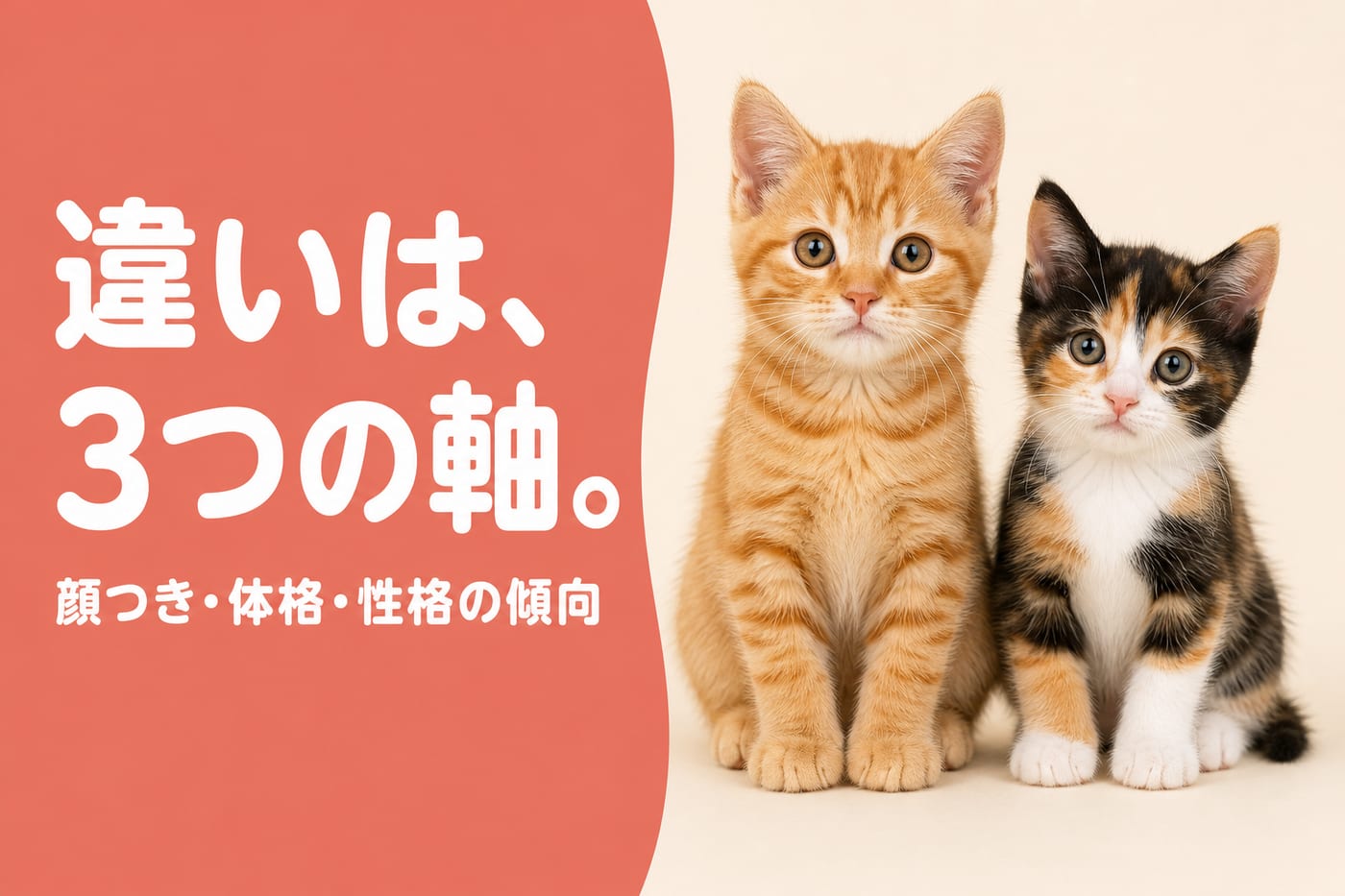 違いは3つの軸と伝えるサーモン帯バナーと並んで座る茶トラと三毛の子猫
