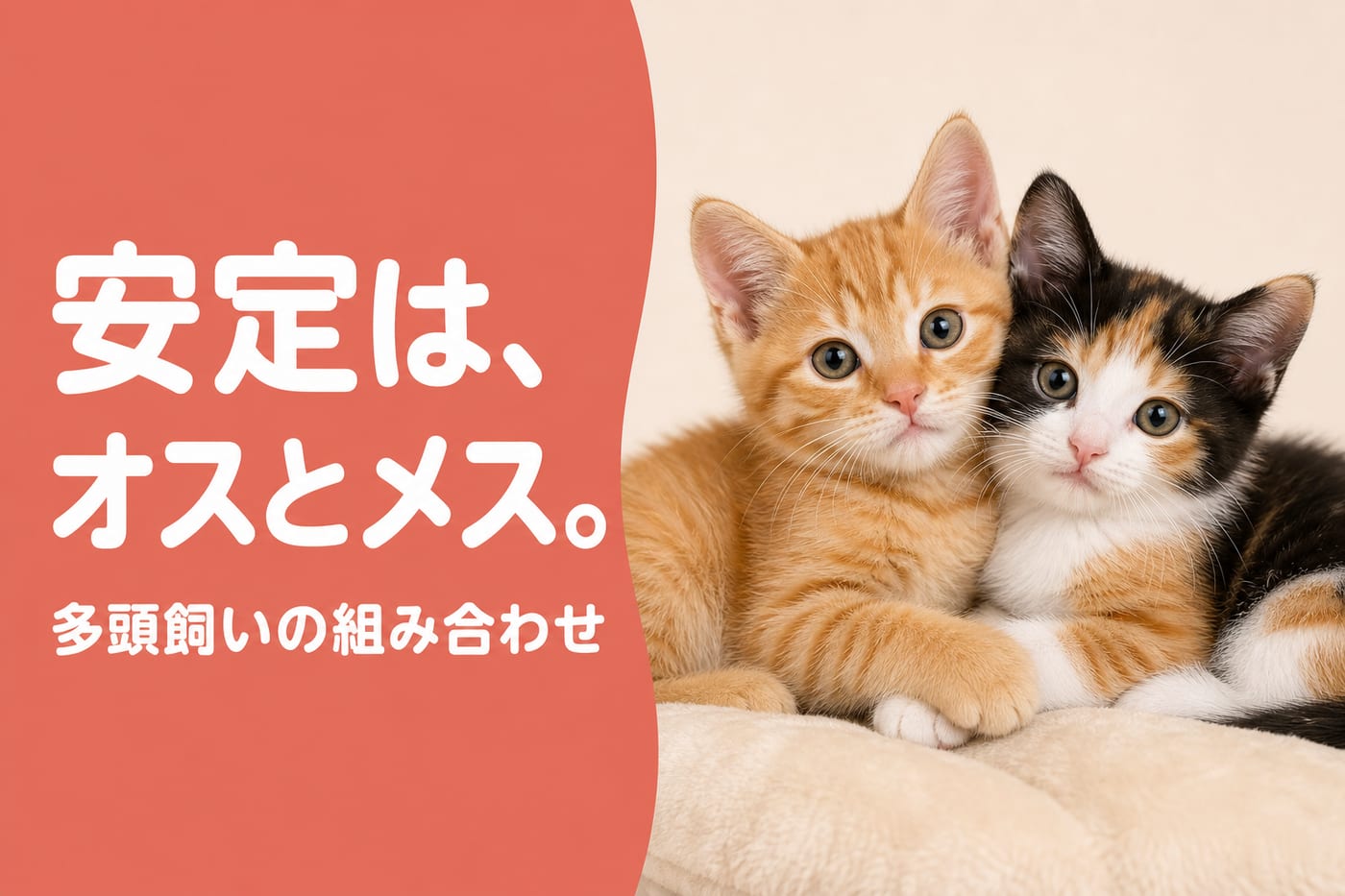 多頭飼いはオスとメスの組み合わせが安定と伝えるサーモン帯バナーと寄り添う2匹の子猫