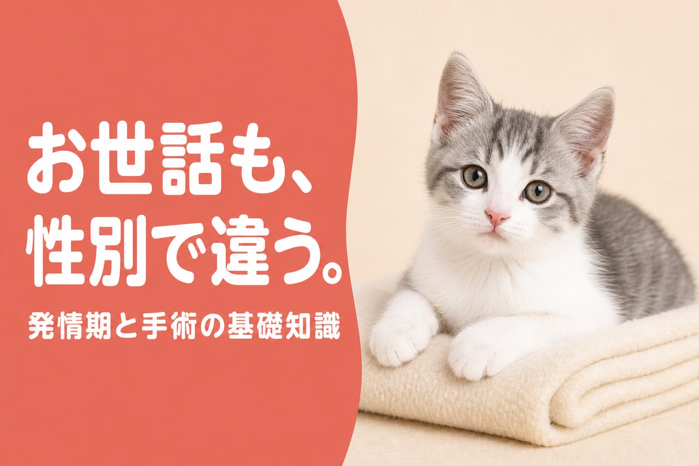 お世話も性別で違うと伝えるサーモン帯バナーと毛布の上でくつろぐグレー白の子猫