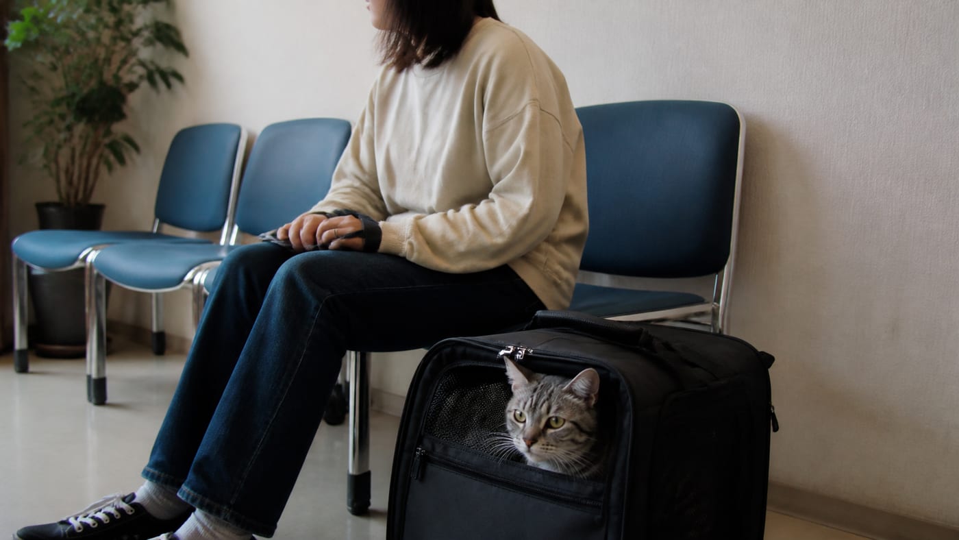 動物病院の待合室で、キャリーバッグの中から顔を出す猫と、隣で待つ飼い主