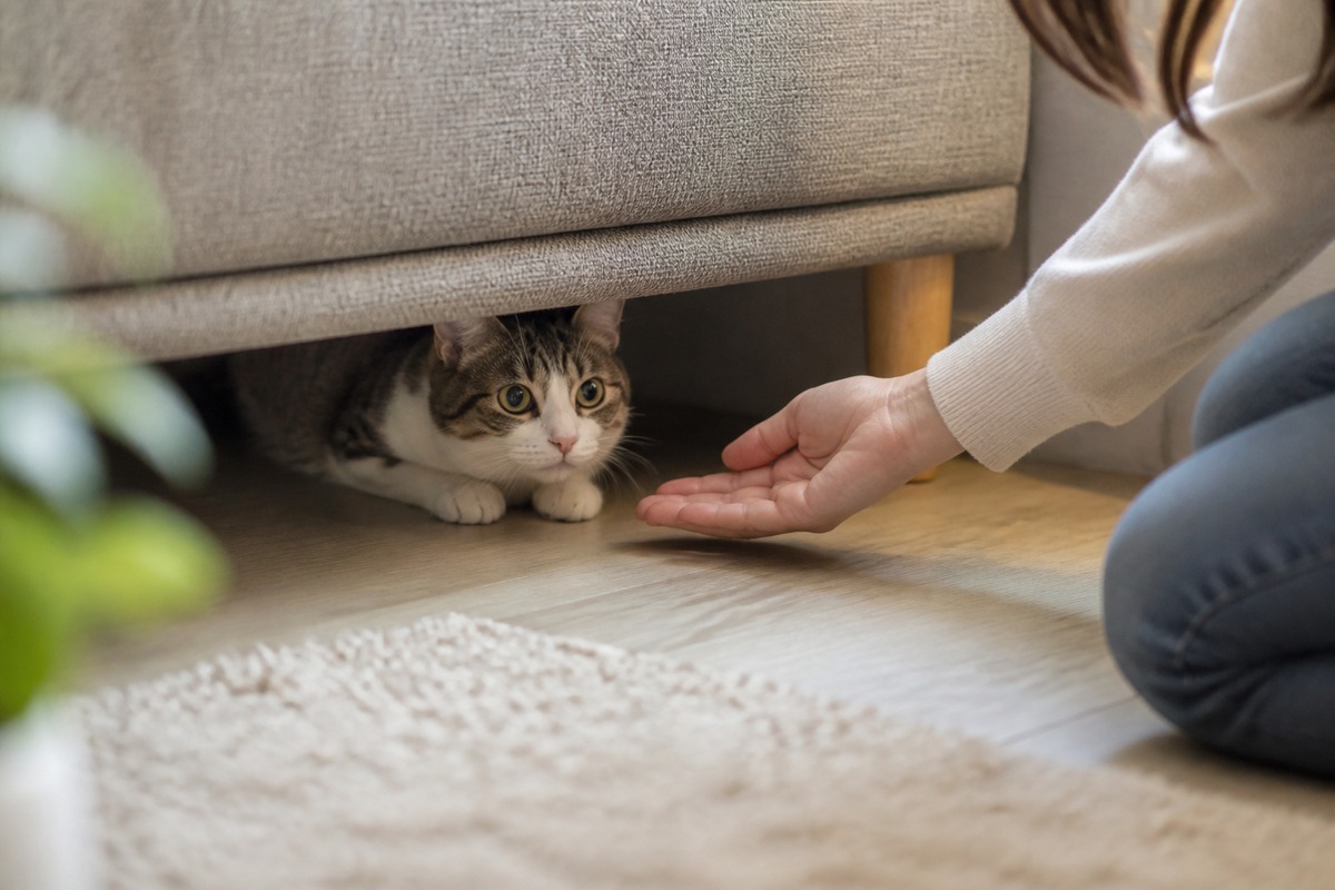 帰宅後に隠れる猫を優しく見守る様子