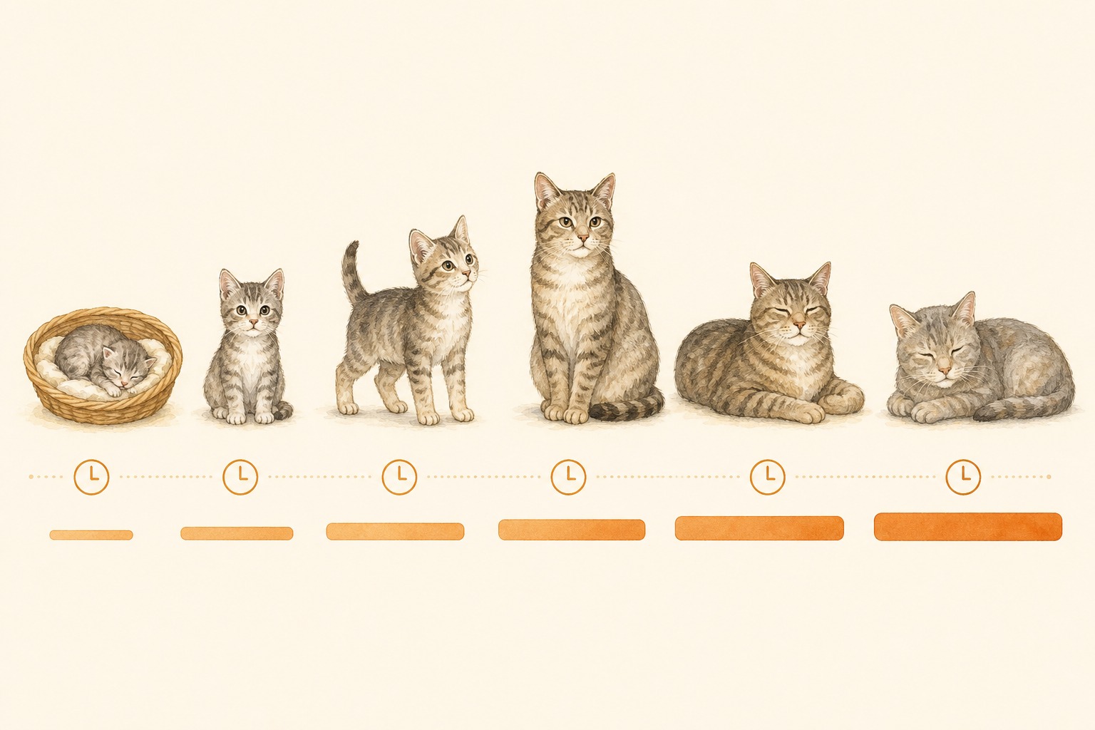 子猫から成猫・高齢猫まで成長段階ごとに留守番できる時間が変化することを示したイラスト