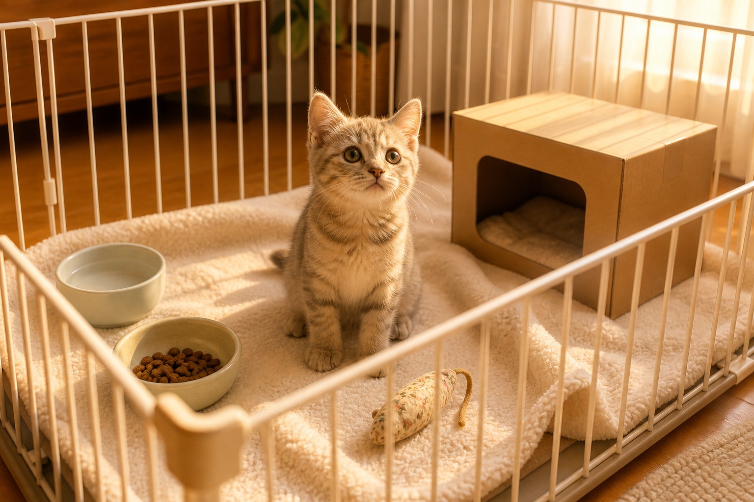 ケージ内で水・フード・隠れ家・おもちゃを用意された子猫。子猫の留守番は安全なスペースの確保が大切