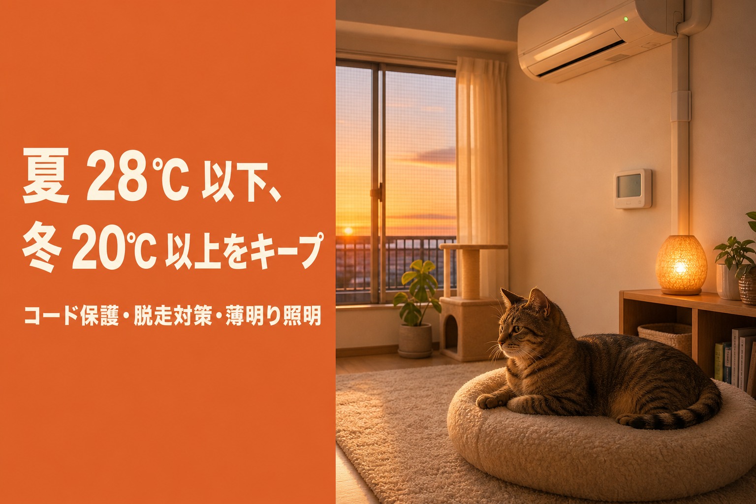 エアコンの効いた部屋でくつろぐ猫。夏28℃以下・冬20℃以上をキープし、コード保護・脱走対策・薄明り照明を整える