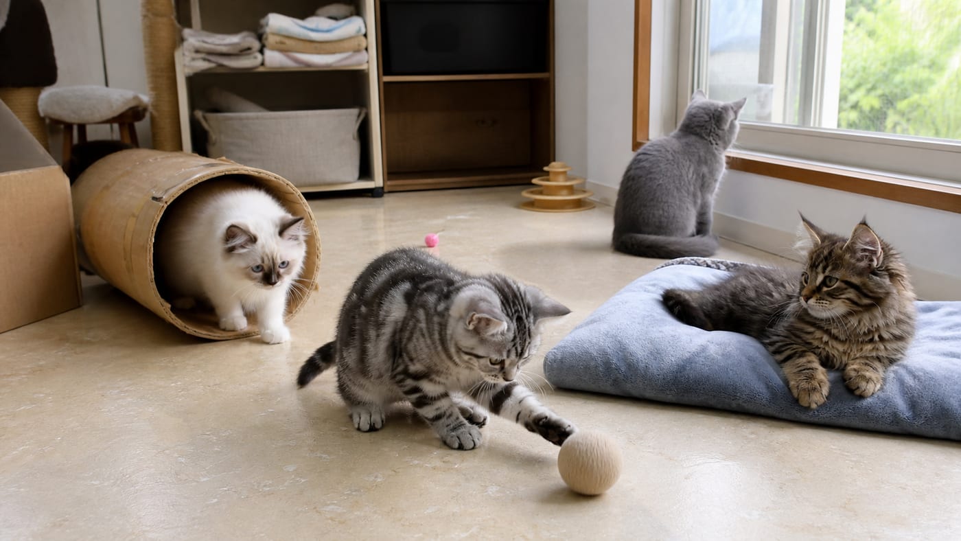 開放的な部屋で、複数の子猫がそれぞれ思い思いに過ごしている様子