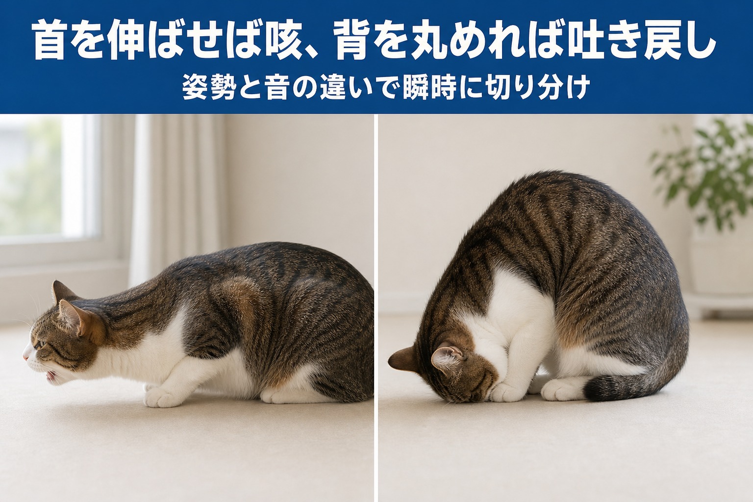 首を伸ばす咳の姿勢と背を丸める吐き戻しの姿勢を並べた比較。姿勢と音の違いで瞬時に切り分け