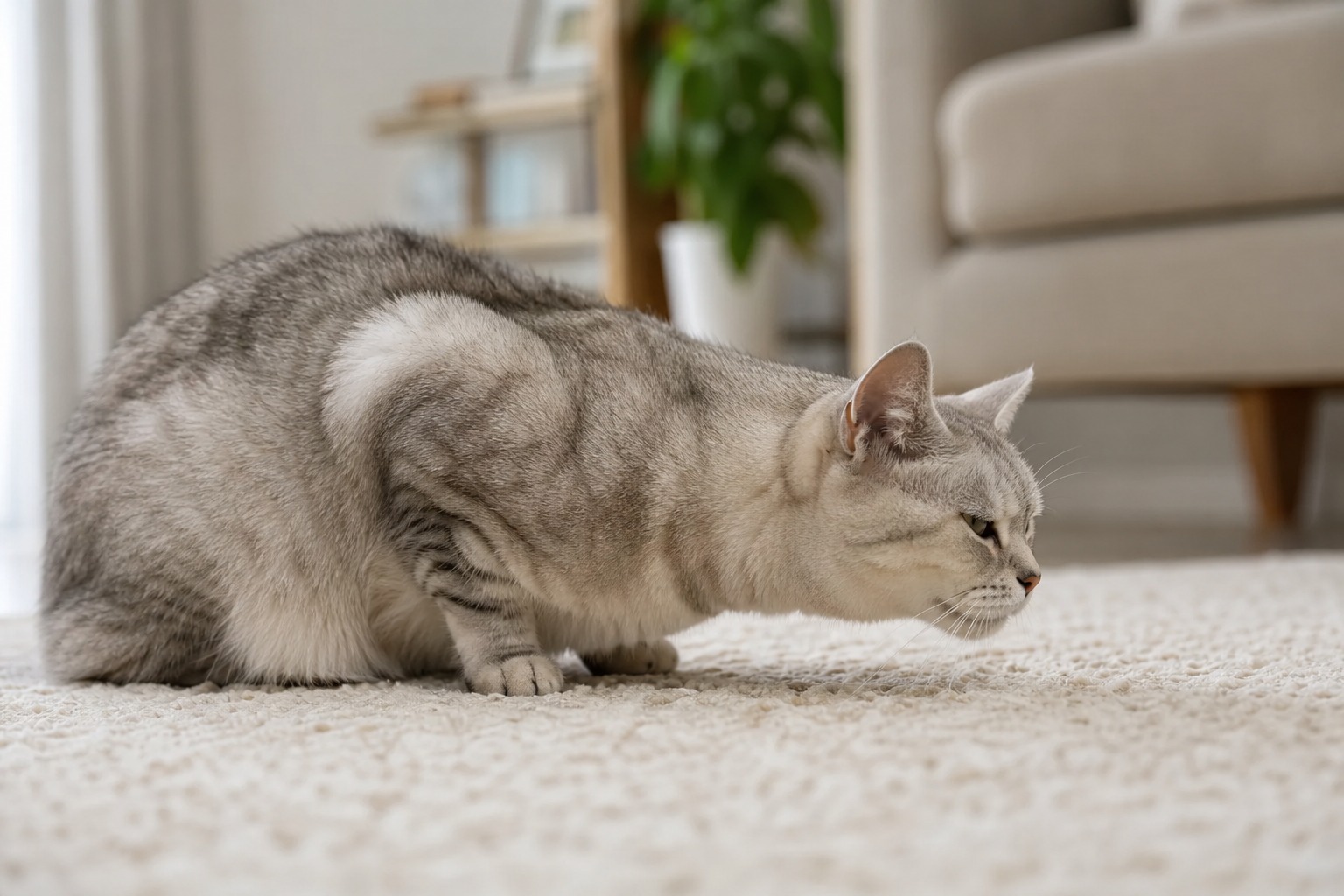 首を前に伸ばして低く構える、猫喘息に特徴的な咳の姿勢の猫