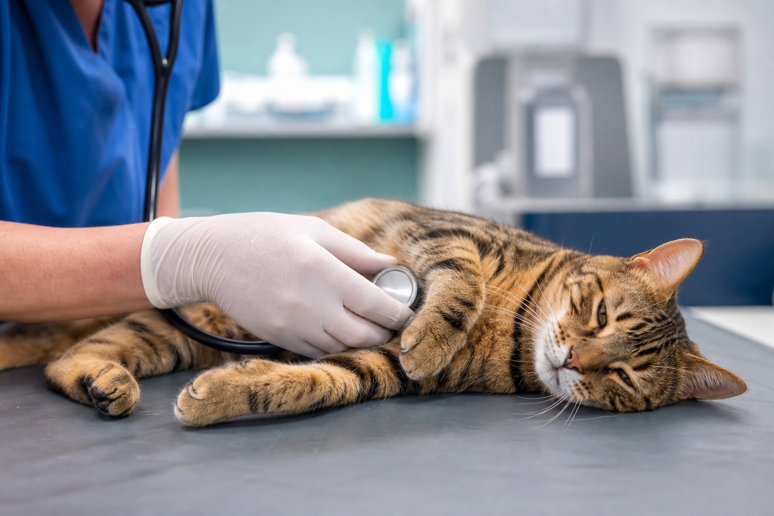 聴診器で猫の胸の音を確認する獣医師。HCMリスク品種は定期的な心臓チェックを