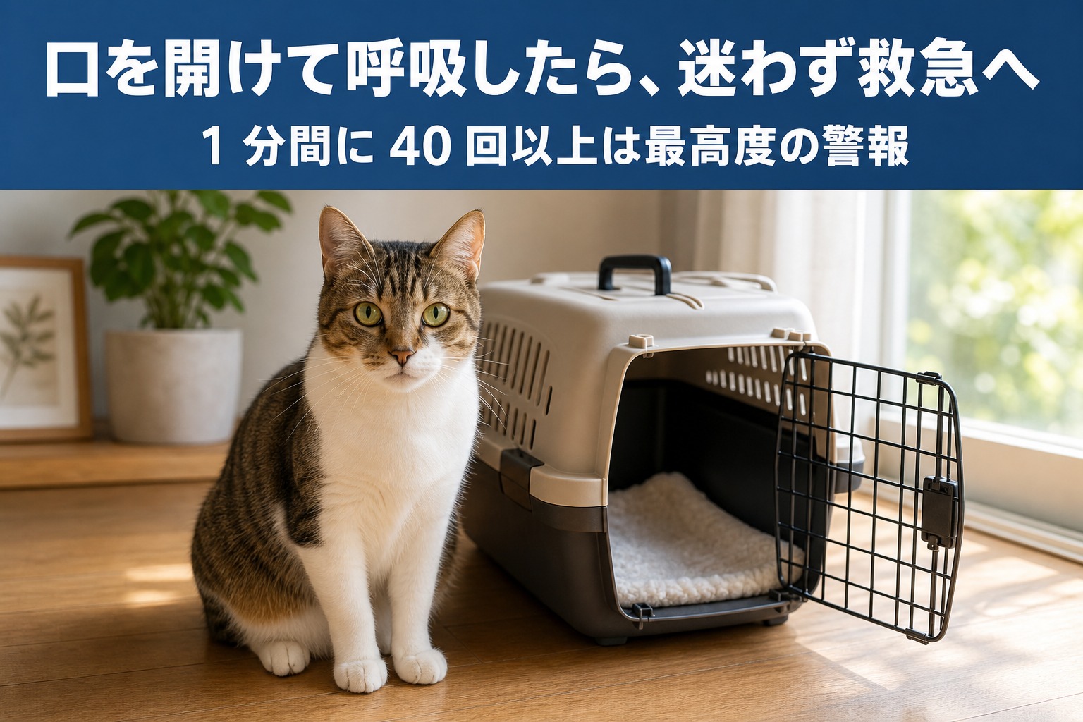 扉を開けたキャリーの横で待つ猫。口を開けて呼吸したら迷わず救急へ、1分間に40回以上は最高度の警報