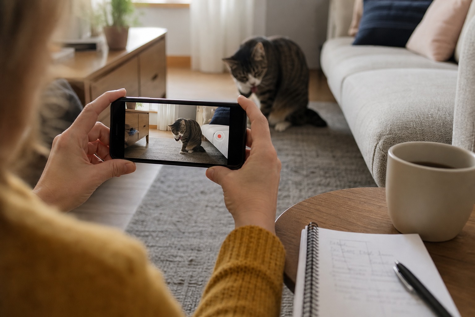 スマートフォンで猫の咳の様子を動画撮影する飼い主。受診前に動画を撮ると診断がスムーズに