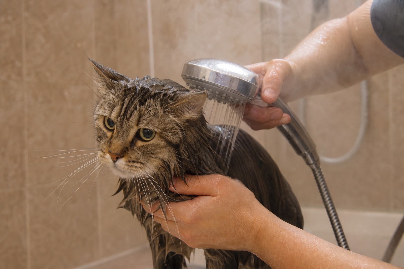 浴室で温水ですすぐ猫のドキュメンタリー写真