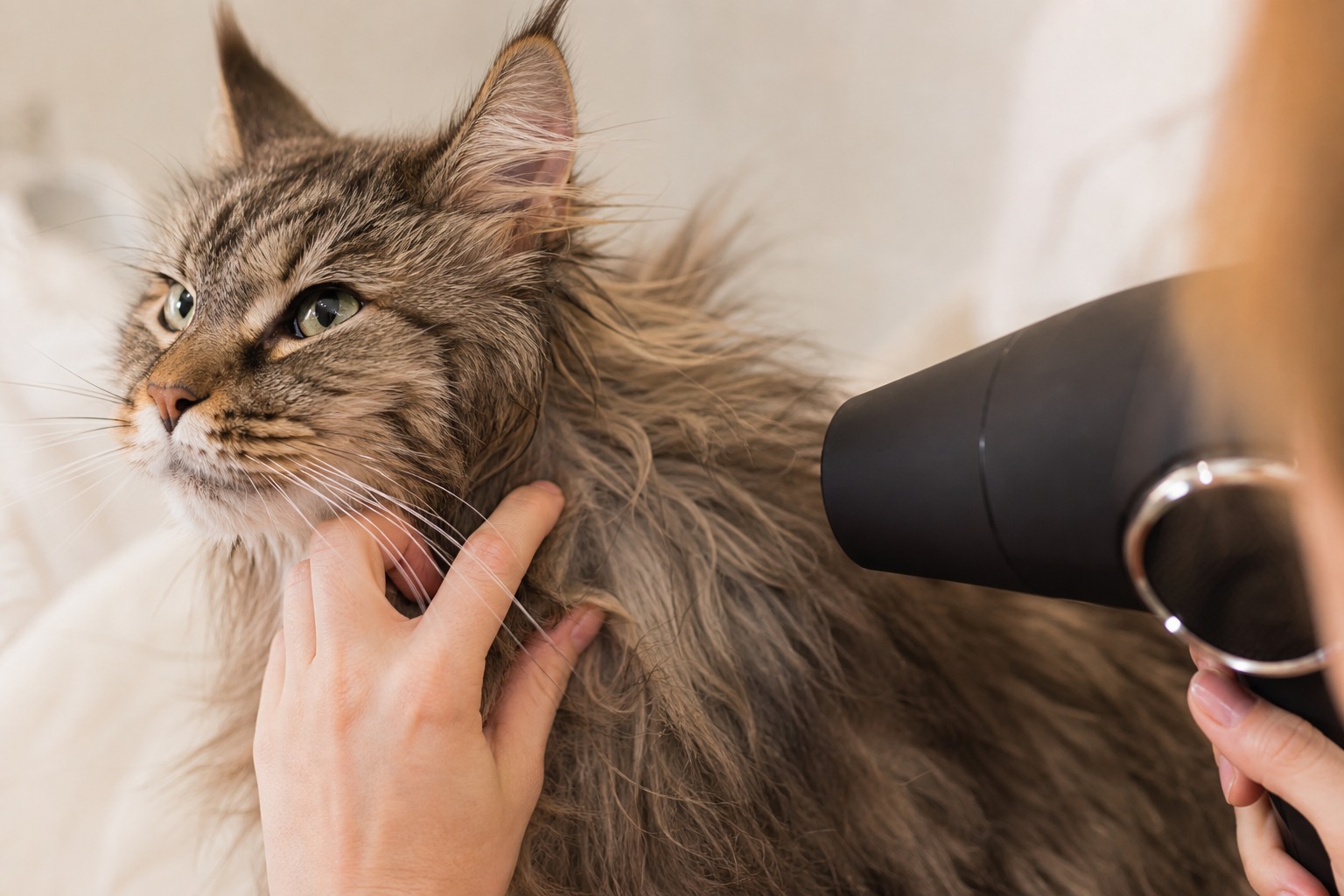 長毛猫の根元を分けて乾かすドライヤー写真