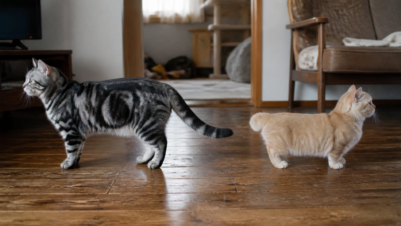 長いしっぽの猫と短いしっぽの猫が向かい合って立ち、しっぽの違いが見比べられる様子