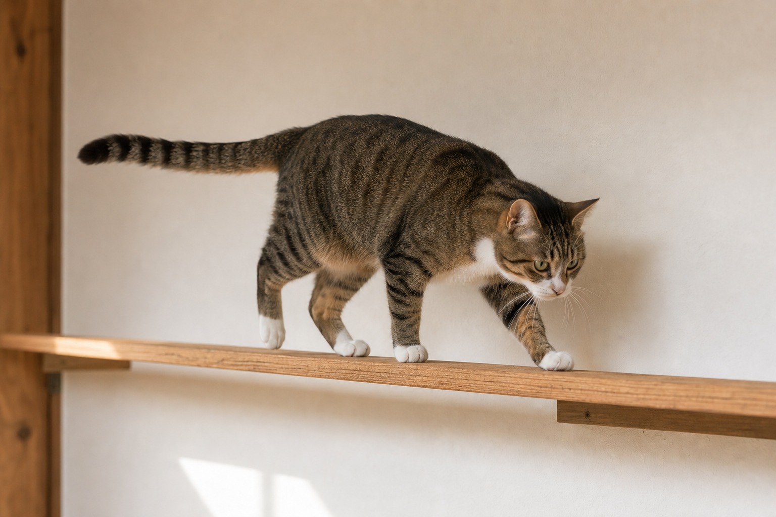 細い棚の上を歩きながらしっぽを横に伸ばしてバランスを取る猫。しっぽはカウンターウェイトとして機能する