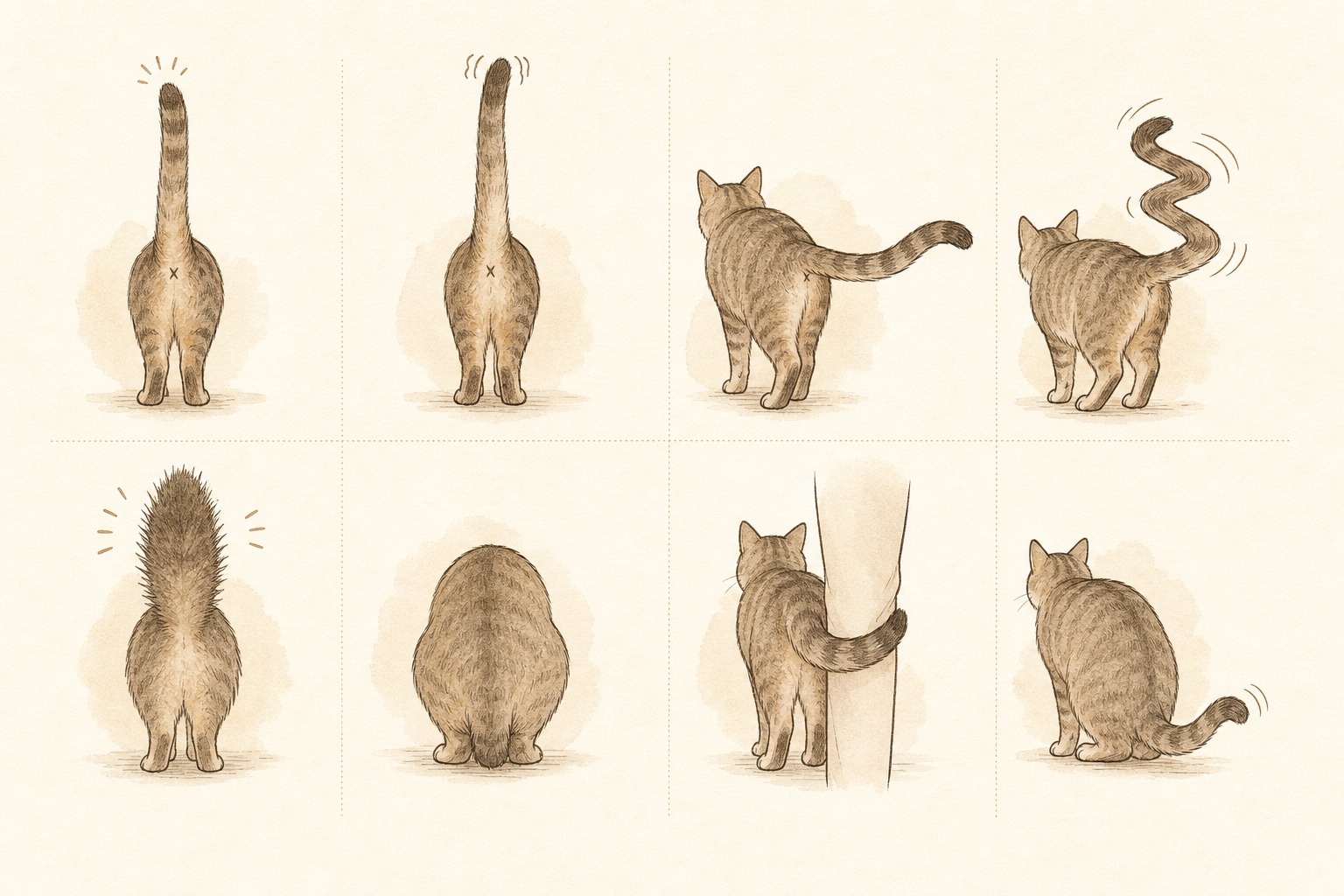ピンと立てる・震わせる・巻きつける・膨らませる・隠すなど、猫のしっぽ8パターンを描いたイラスト一覧