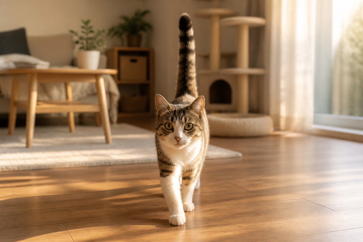 しっぽをまっすぐ垂直に立てて近づいてくる猫。「こんにちは！嬉しい！」の友好サイン
