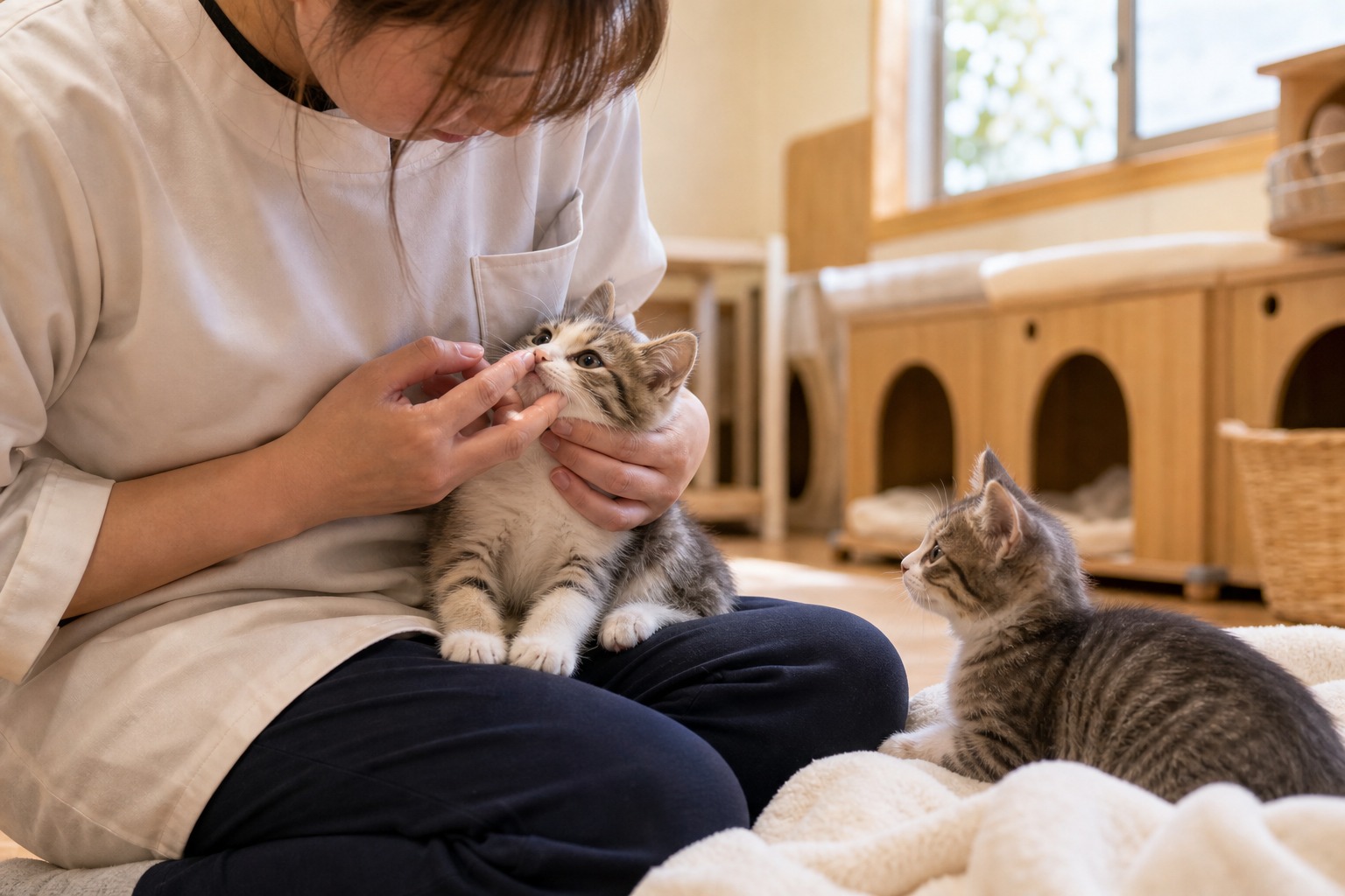 ブリーダースタッフが子猫の口周りをやさしく触って慣らす様子。子猫期からの口腔ケアが生涯の差につながる