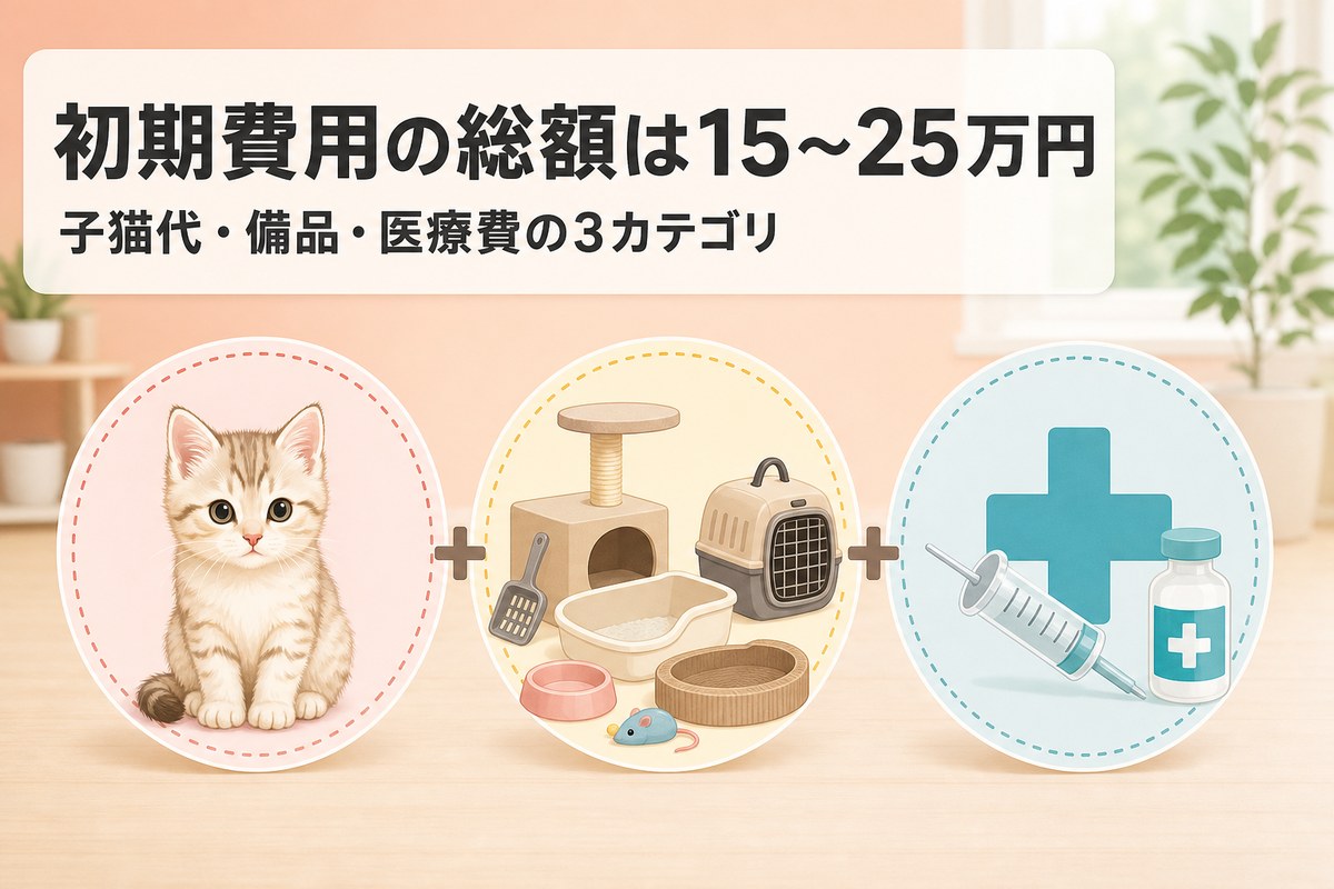 初期費用の総額は15〜25万円（子猫代・備品・医療費の3カテゴリ）