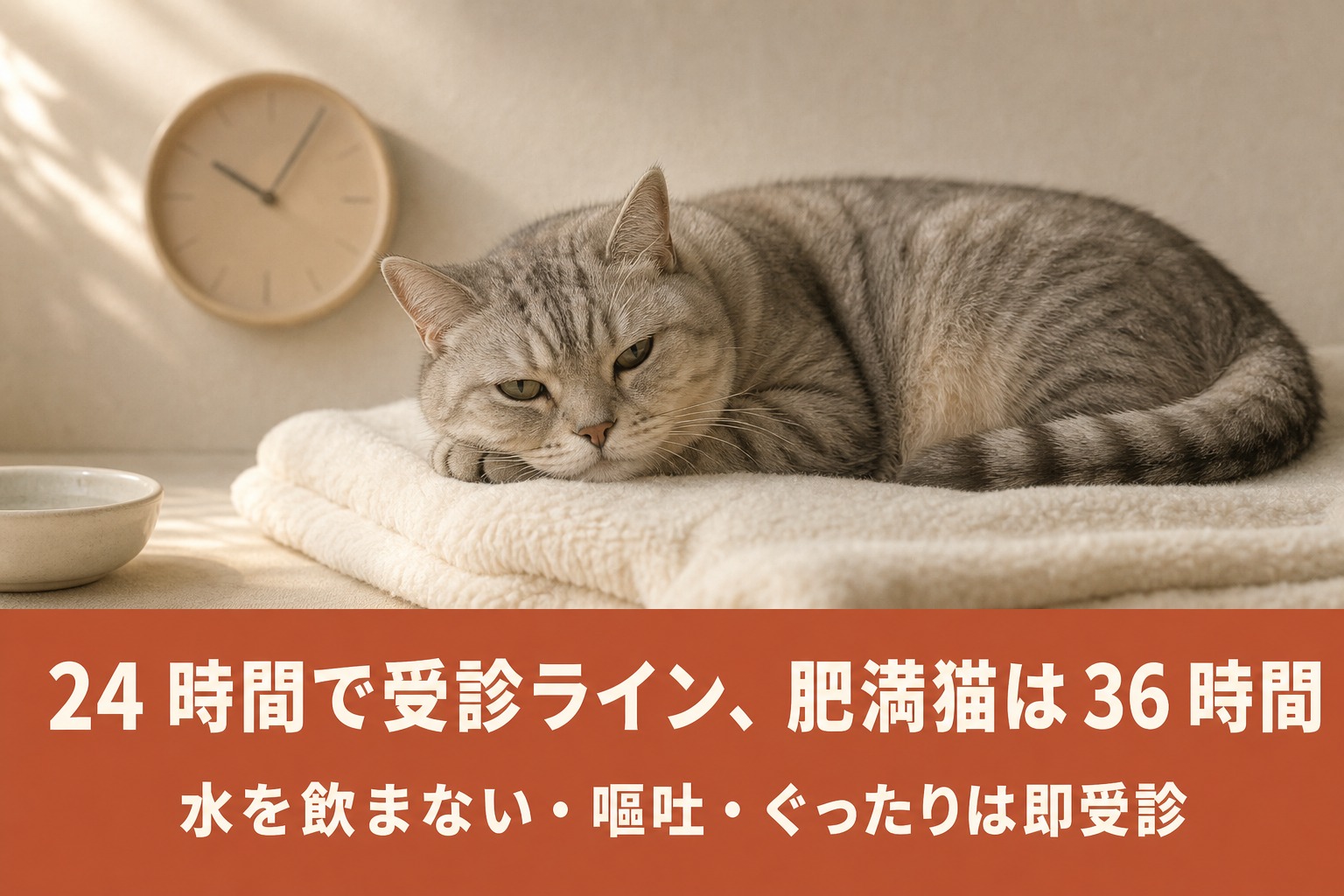 時計のそばで丸まって休む猫。24時間で受診ライン、肥満猫は36時間、水を飲まない・嘔吐・ぐったりは即受診