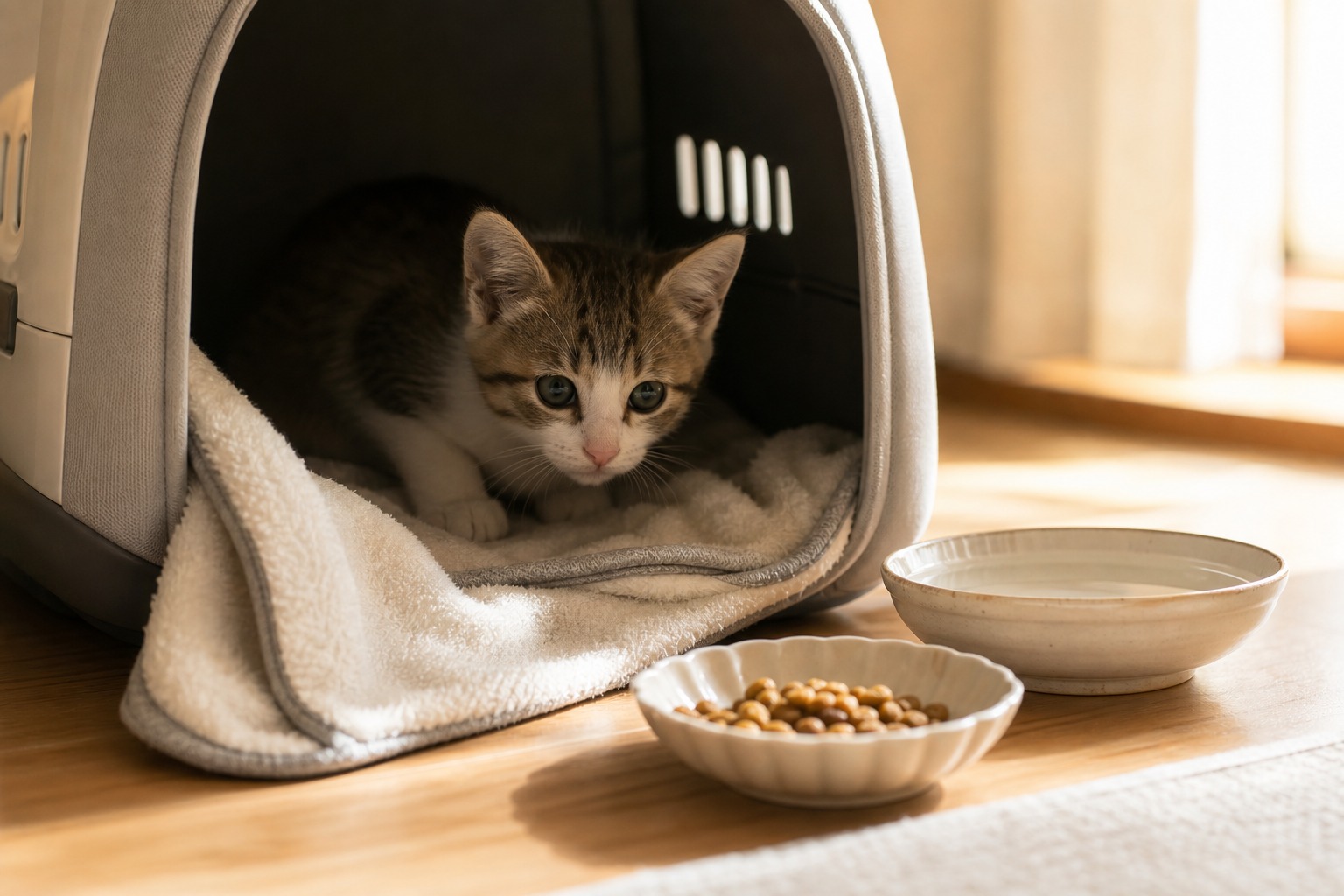 新しい家のキャリーから様子をうかがう子猫と、そばに置かれたフードと水の器。落ち着ける退避場所を用意する