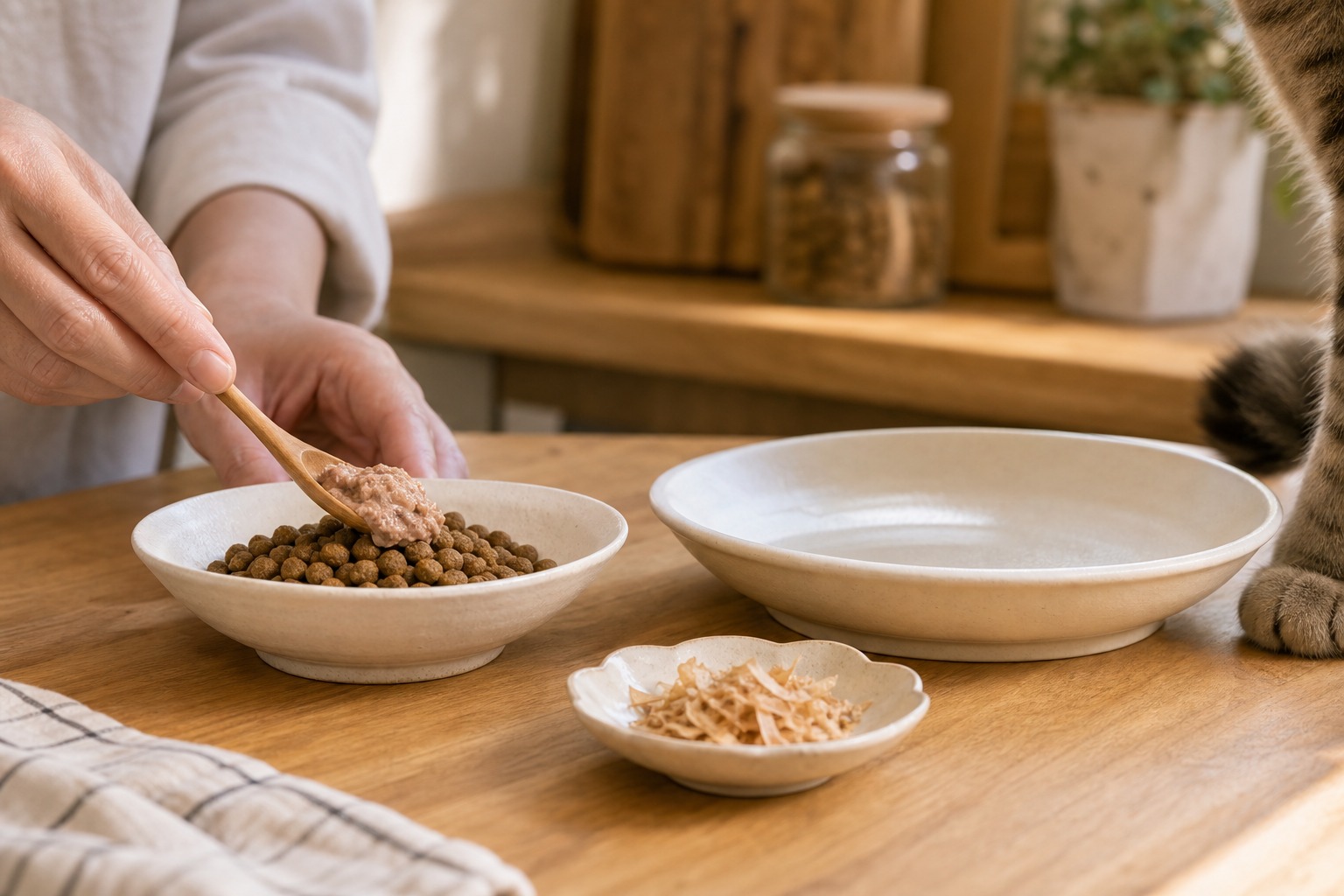 ドライフードにウェットをトッピングする手と、ひげが当たらない浅い皿・かつお節を添えた食欲を促す工夫