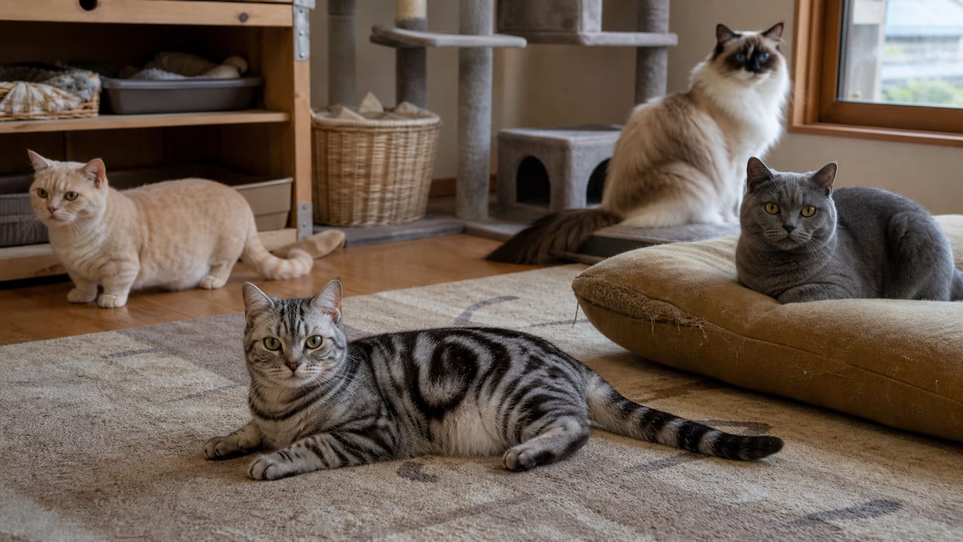 毛色も毛の長さも異なる4匹の猫が、同じ部屋でそれぞれくつろいでいる様子