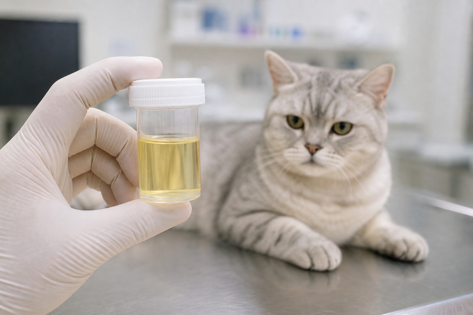 採尿容器を手にした獣医師と診察台の猫。FLUTDが疑われるときは尿検査が最初の一歩