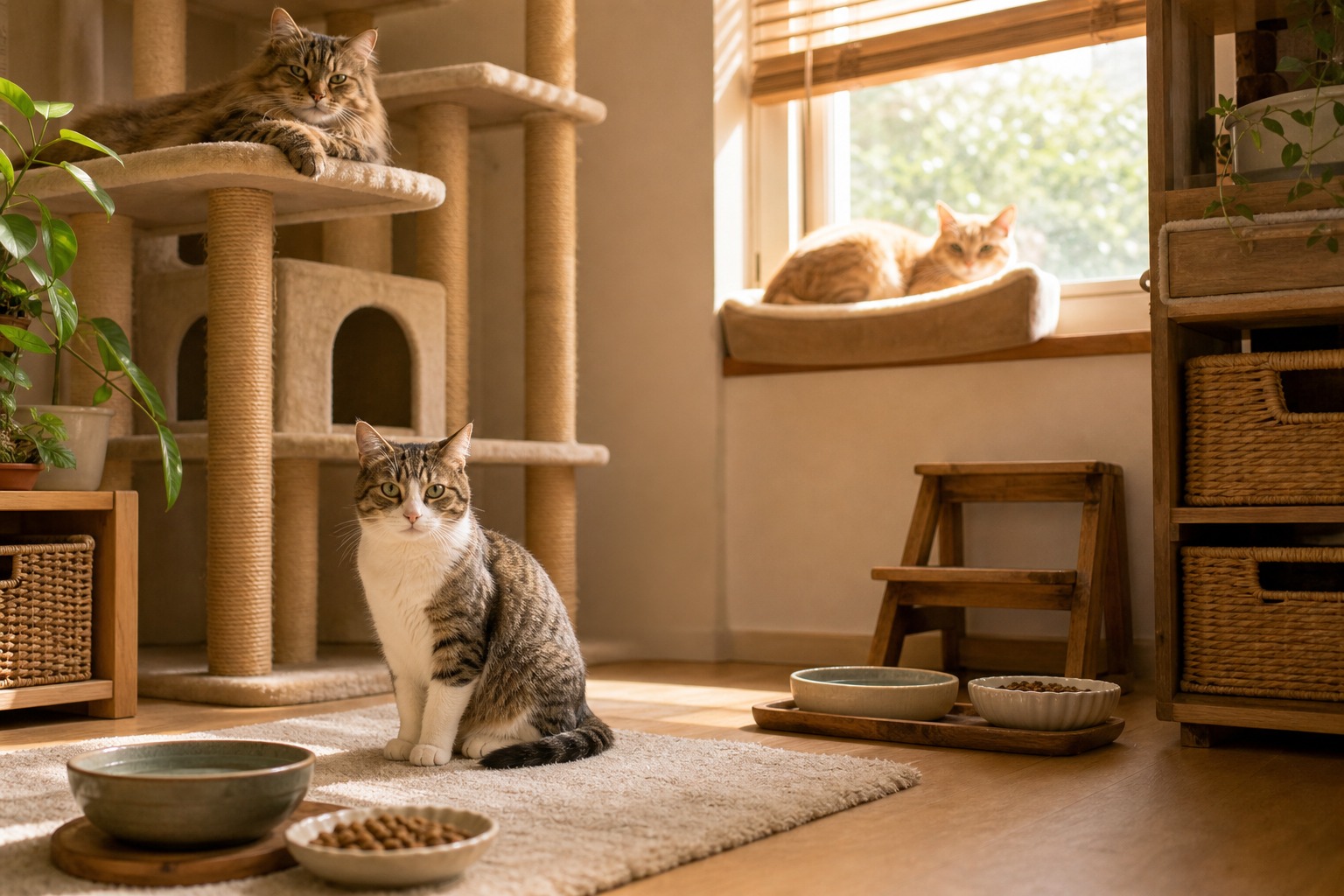 キャットタワーや窓辺など別々の高さで過ごす3匹の猫と複数の食器。多頭飼いは資源を分散配置する
