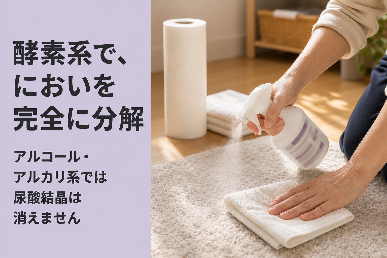 ラグに酵素系消臭剤をスプレーする手。酵素系でにおいを完全に分解、アルコール・アルカリ系では尿酸結晶は消えない