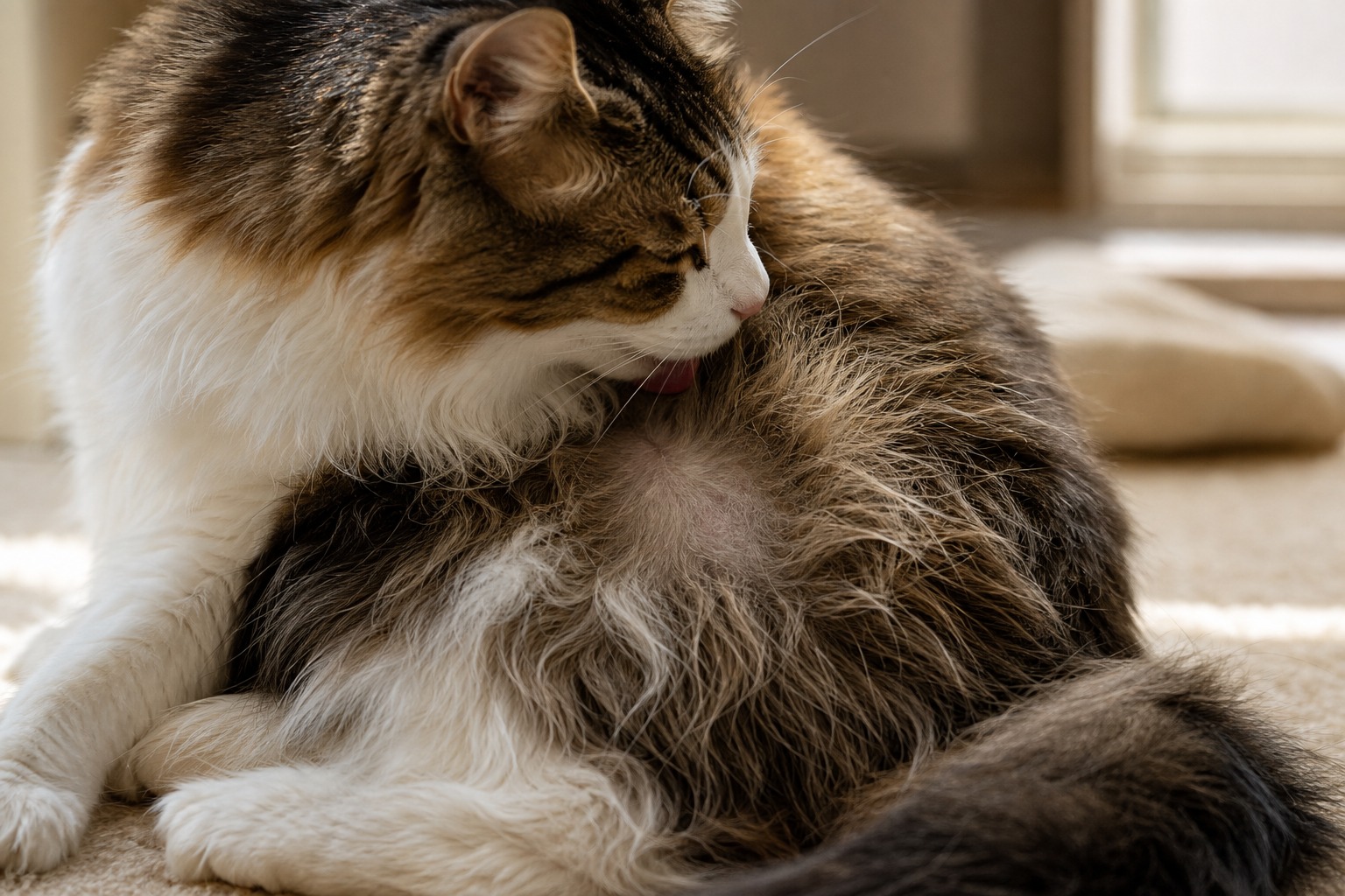 同じ部位をなめ続けて毛が薄くなりかけた長毛猫。過剰グルーミングは不安や慢性ストレスのサイン
