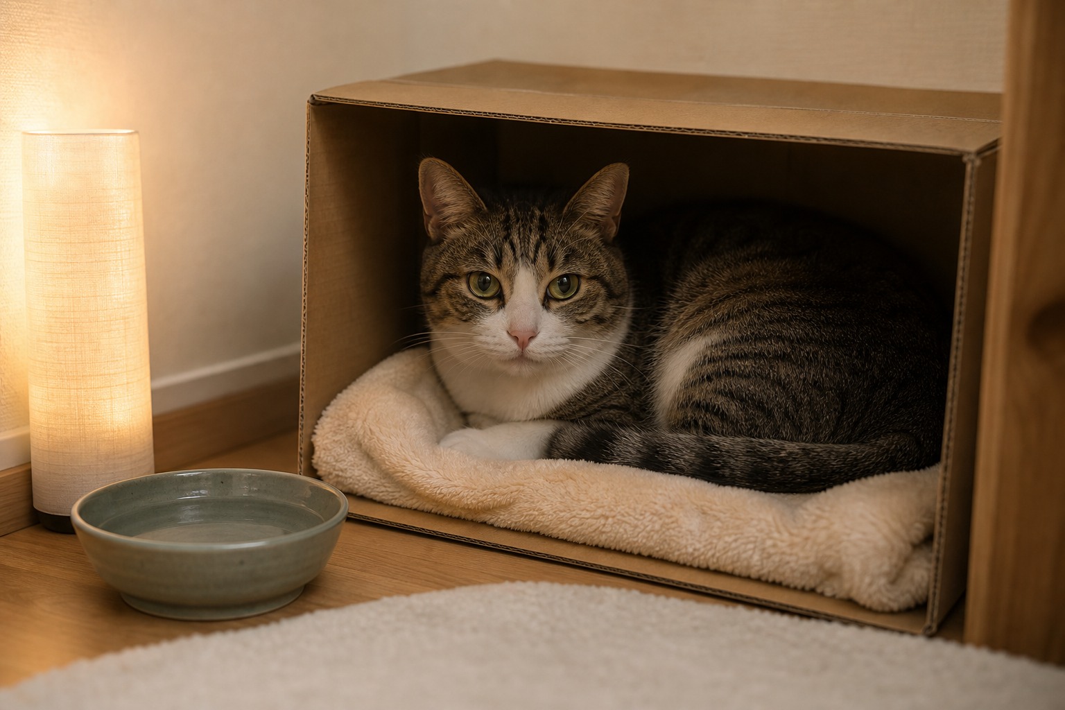 段ボール箱の隠れ家でくつろぐ猫と、すぐそばに置かれた水皿。安心できる退避スペースの確保が大切