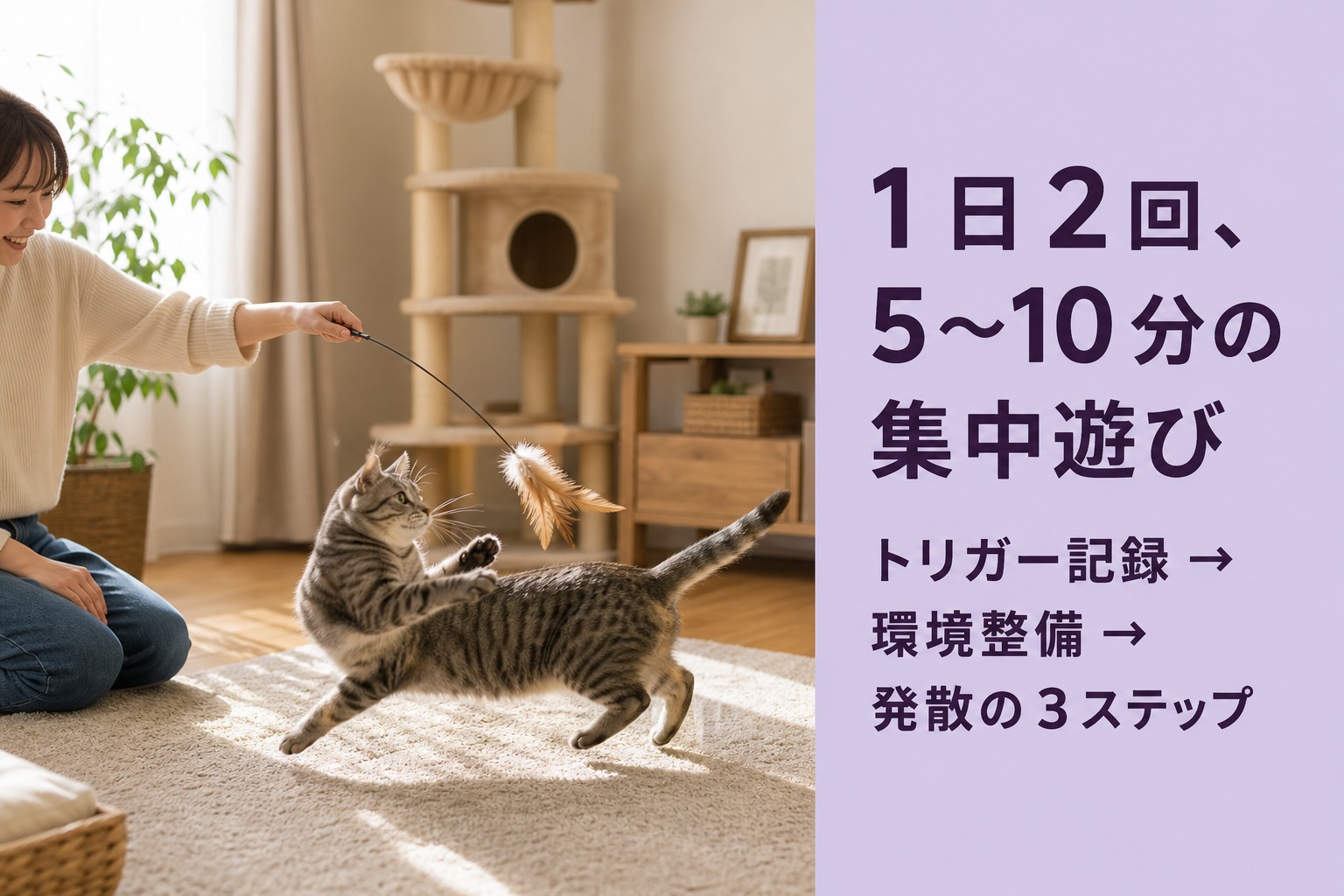 猫じゃらしで猫と集中して遊ぶ飼い主。1日2回5〜10分、トリガー記録→環境整備→発散の3ステップ