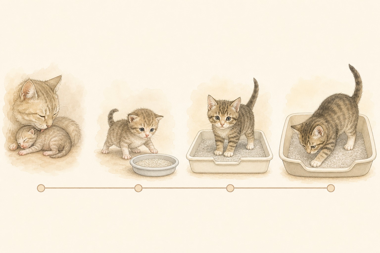 授乳期から砂を使い始めるまで、子猫がトイレを覚えていく成長段階を描いたタイムラインイラスト