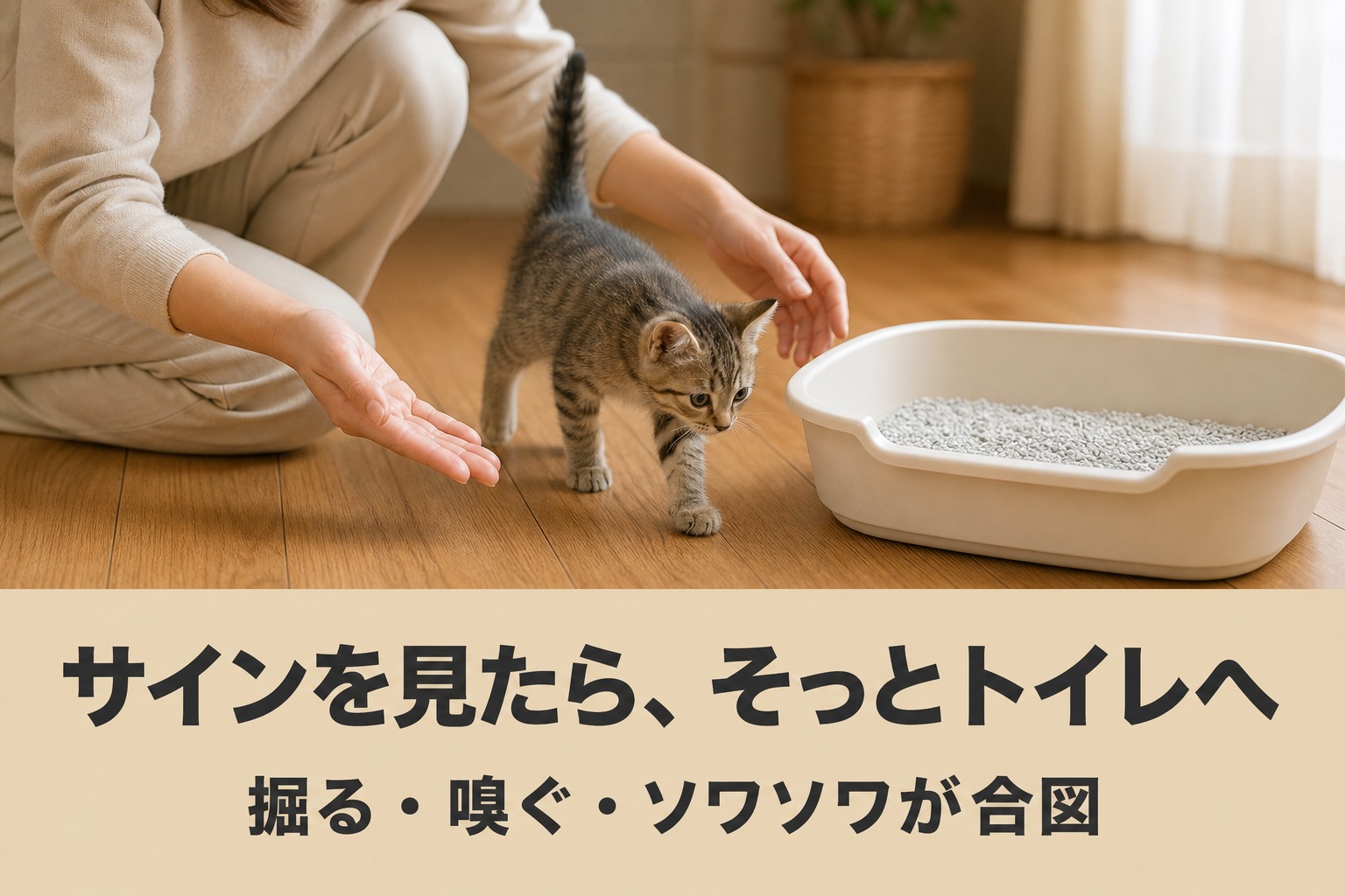 子猫をそっとトイレへ誘導する飼い主。サインを見たらそっとトイレへ、掘る・嗅ぐ・ソワソワが合図