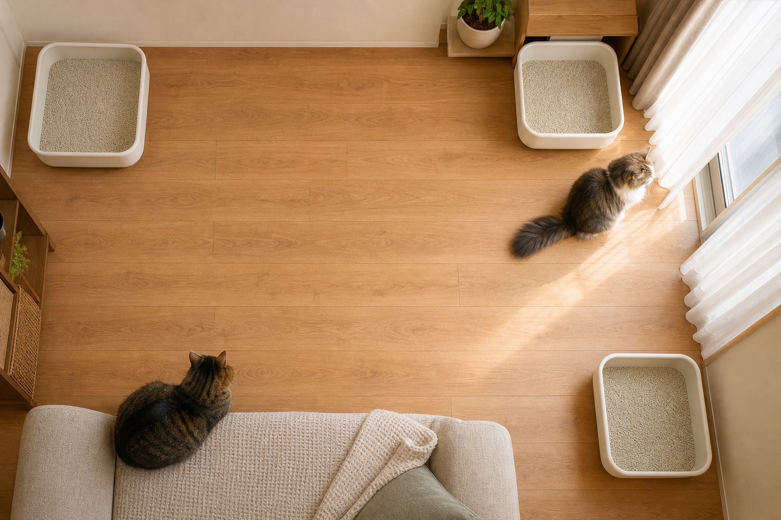 部屋の離れた3カ所に分散設置されたトイレと2匹の猫の俯瞰。頭数+1個・離して置くのが基本