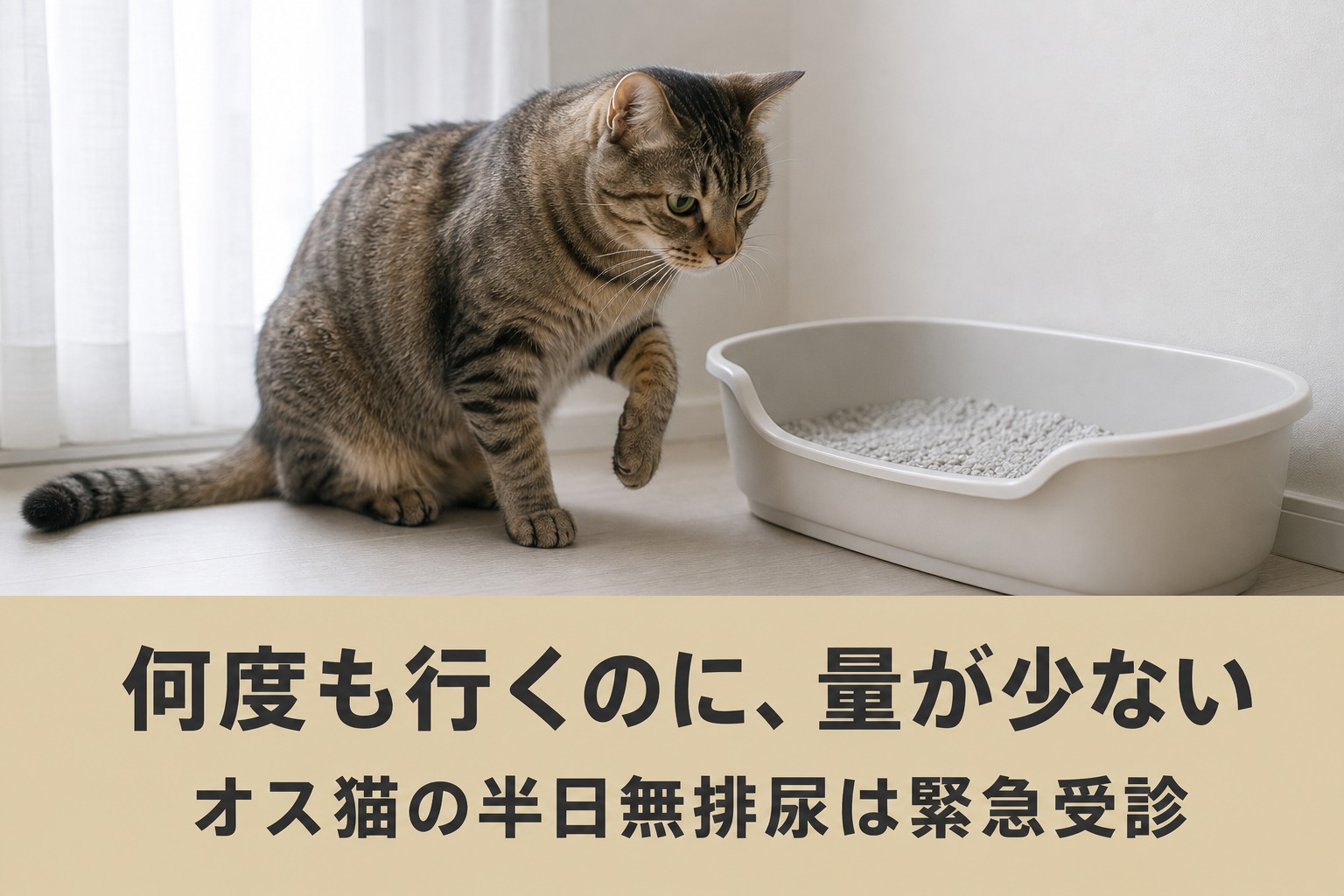 トイレのそばで前足を上げ気にする猫。何度も行くのに量が少ない、オス猫の半日無排尿は緊急受診