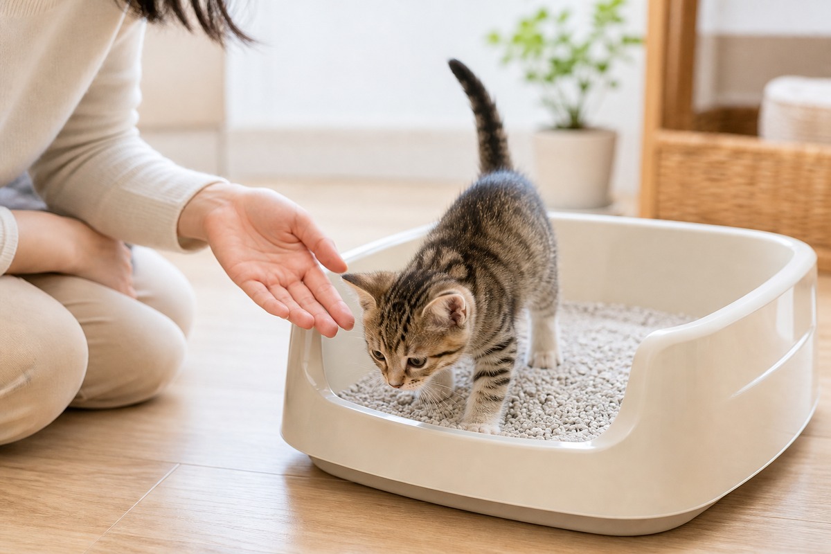 紙系砂のトイレに入る子猫の様子