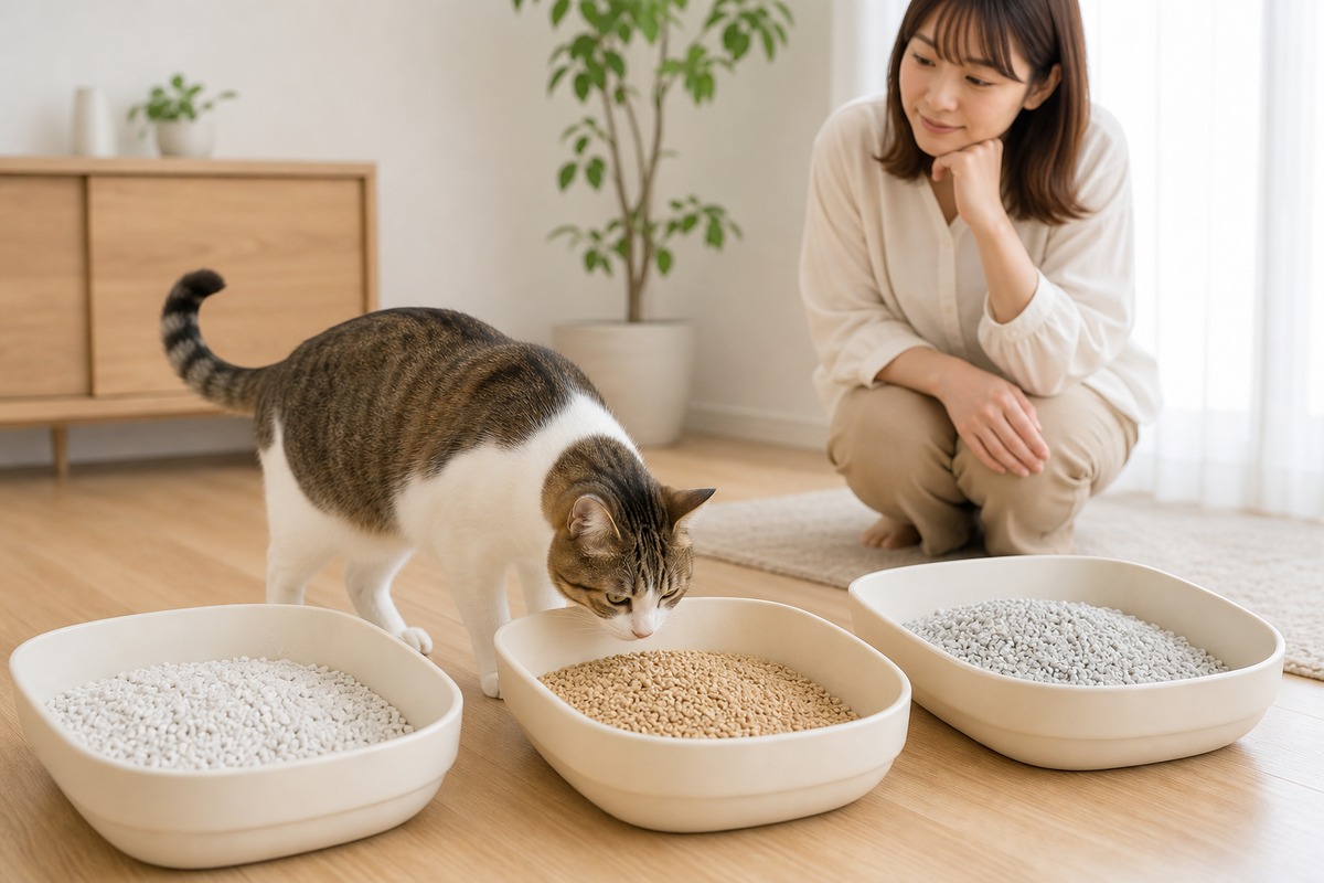 2種類の砂を比べる猫と飼い主の様子