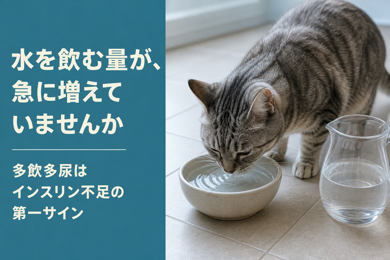 水皿から水を飲む猫と水差し。水を飲む量が急に増えていませんか、多飲多尿はインスリン不足の第一サイン